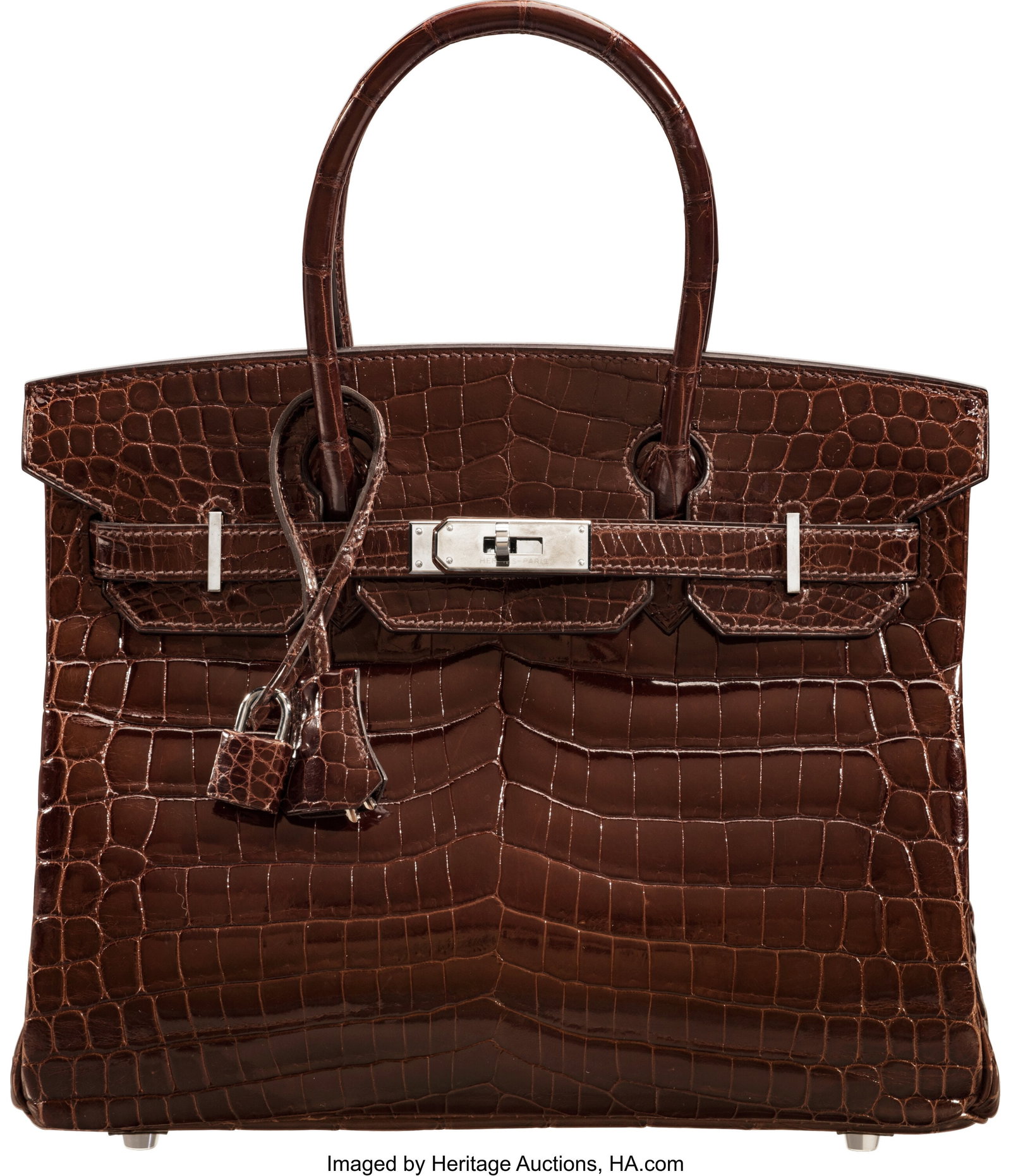 Hermès 30cm Shiny Cocoan Niloticus Crocodile Bi: Hermès 30cm Shiny Cocoan Niloticus Crocodile Birkin Bag with Palladium Hardware L Square, 2008 Condition: 3 11.5" Width x 8.5" Height x 6" Depth This bag is done in Co