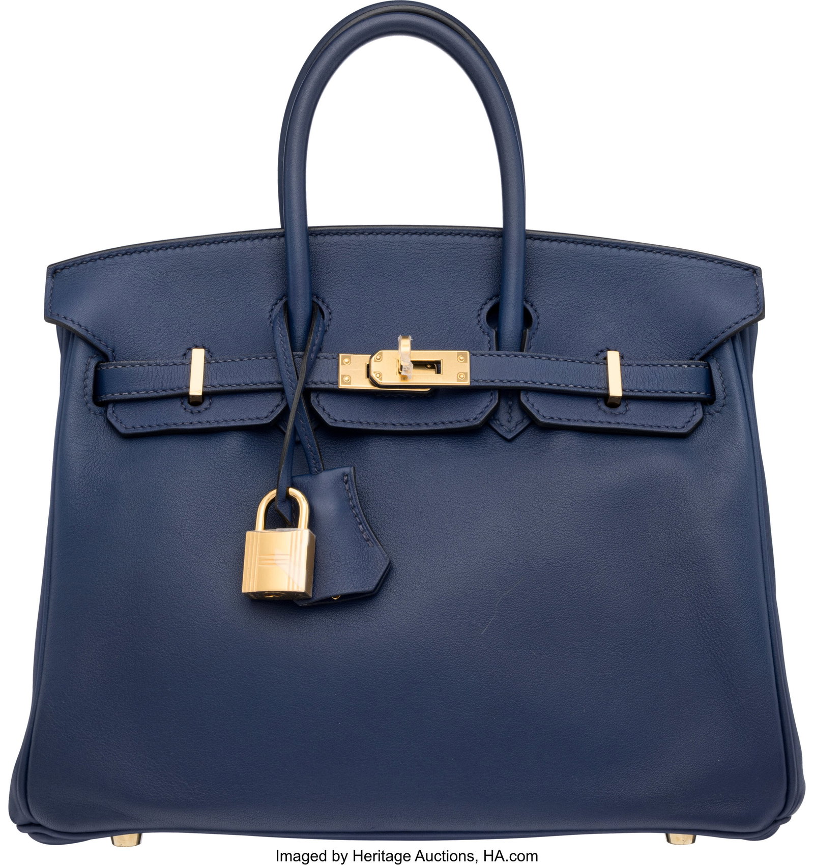 Hermès 25cm Bleu Sapphire Swift Leather Birkin: Hermès 25cm Bleu Sapphire Swift Leather Birkin Bag with Gold Hardware T, 2015 Condition: 2 10" Width x 8" Height x 5" Depth This bag is done in Bleu Sapphire Swift Leather with Gold