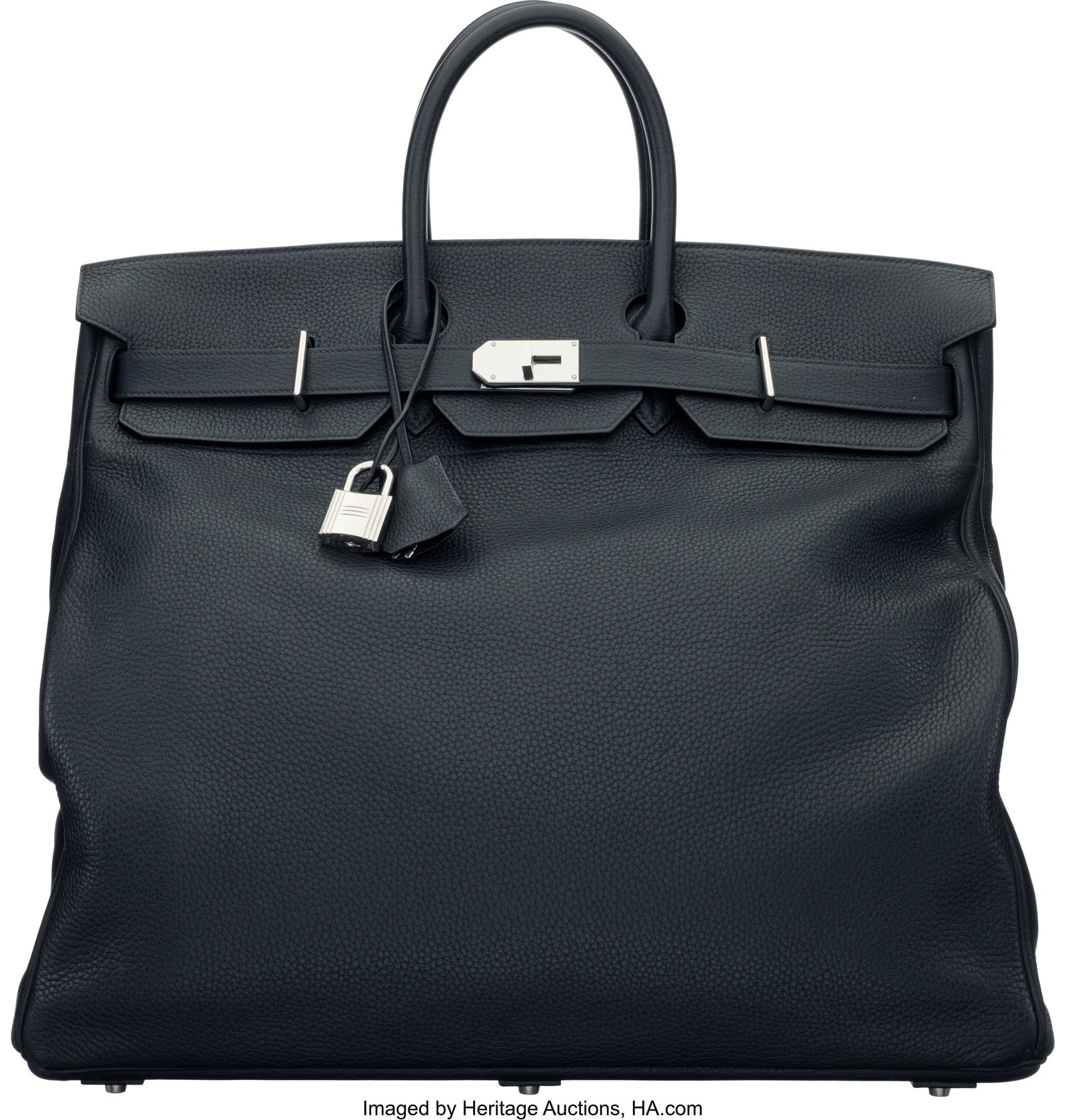 Hermès 50cm Bleu Marine Clemence Leather HAC Bi: Hermès 50cm Bleu Marine Clemence Leather HAC Birkin Bag with Palladium Hardware P Square, 2012 Condition: 2 20" Width x 17" Height x 10" Depth This bag is done in Bleu Marine Clemen