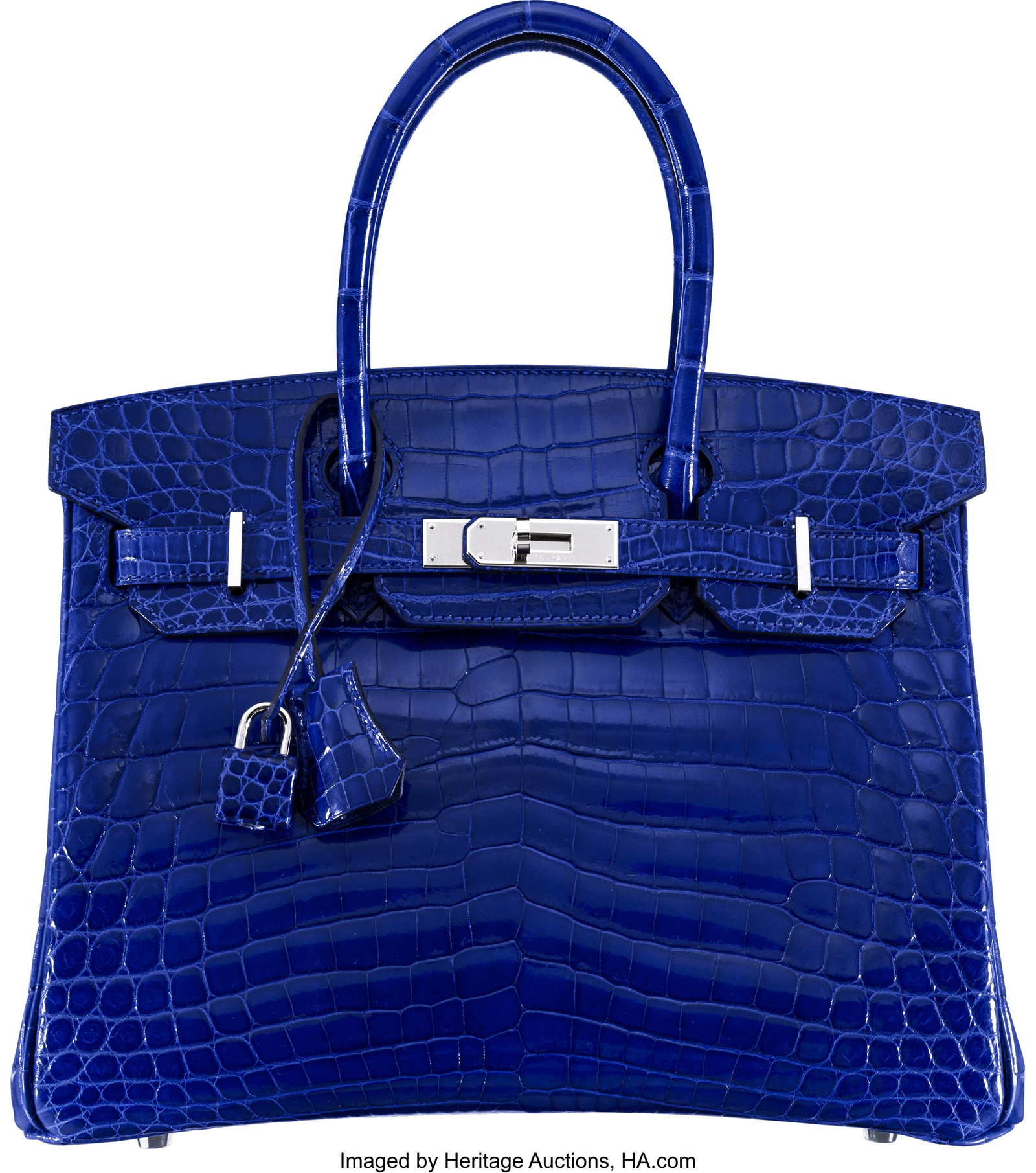 Hermès 30cm Shiny Bleu Electrique Niloticus Cro: Hermès 30cm Shiny Bleu Electrique Niloticus Crocodile Birkin Bag with Palladium Hardware T, 2015 Condition: 2 11.5" Width x 9" Height x 6" Depth This bag is done in Bleu Elec