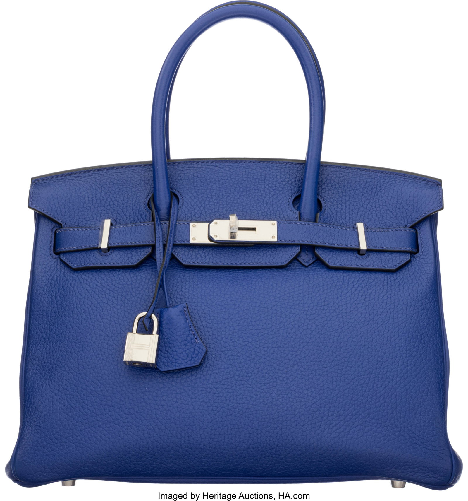 Hermès 30cm Bleu Electrique Clemence Leather Bi: Hermès 30cm Bleu Electrique Clemence Leather Birkin Bag with Palladium Hardware A, 2017 Condition: 2 11.5" Width x 9" Height x 6" Depth This bag is done in Bleu Electrique Cl