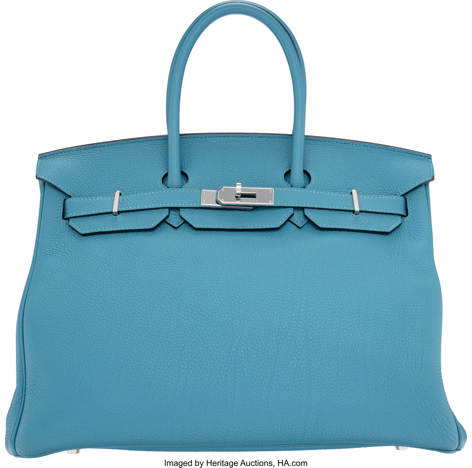 Hermès 35cm Turquoise Togo Leather Birkin Bag w: Hermès 35cm Turquoise Togo Leather Birkin Bag with Palladium Hardware T, 2015 Condition: 2 14" Width x 10" Height x 7" Depth This bag is done in Turquoise Togo Leather with Palladiu