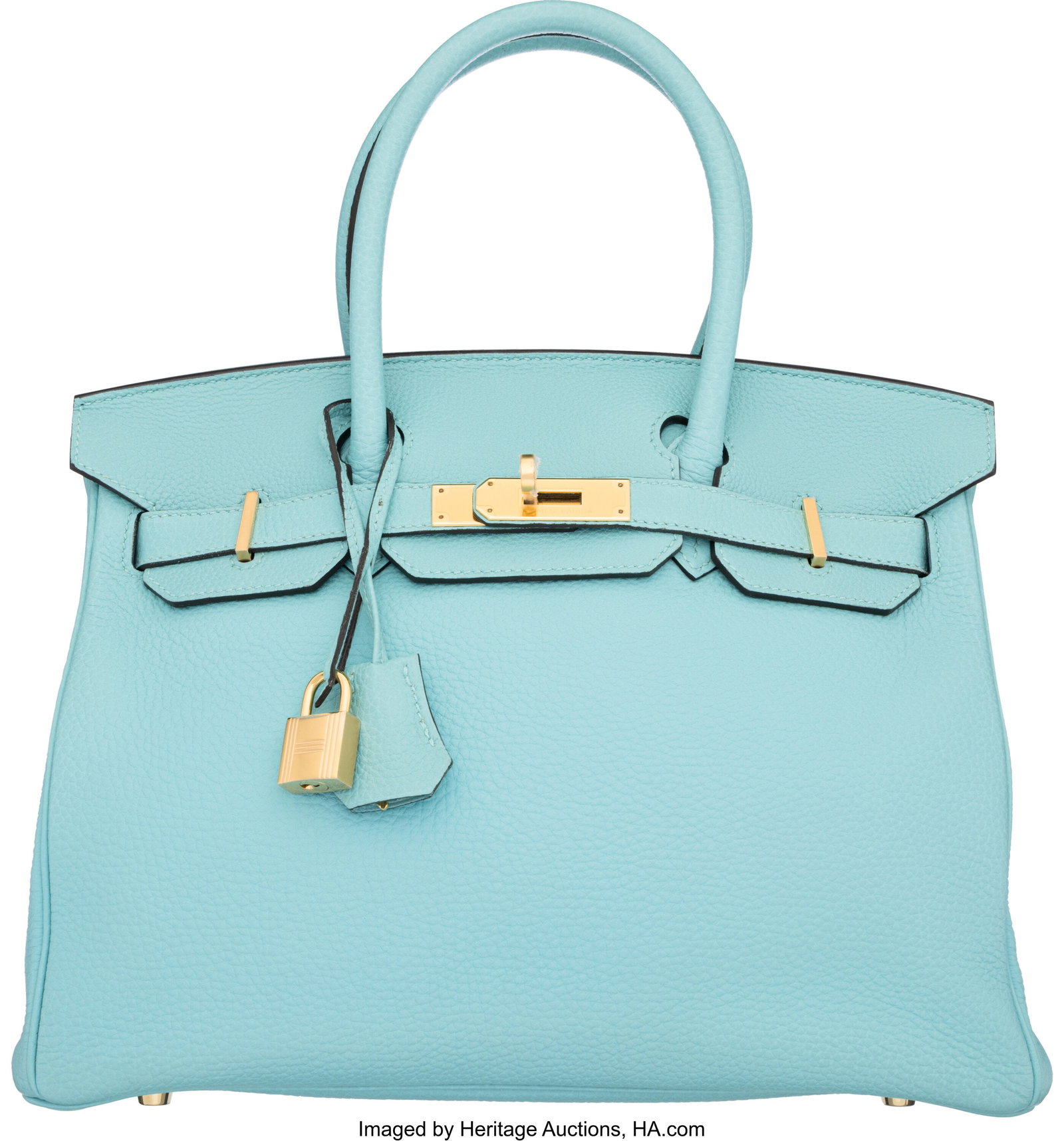 Hermès 30cm Bleu Atoll Togo Leather Birkin Bag: Hermès 30cm Bleu Atoll Togo Leather Birkin Bag with Gold Hardware T, 2015 Condition: 2 12" Width x 8.5" Height x 6" Depth This bag is done in Bleu Atoll Togo Leather with Gol