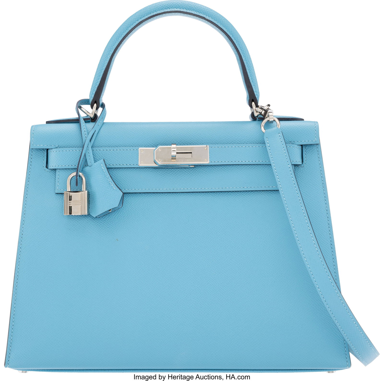 Hermès 28cm Bleu Celeste Epsom Leather Kelly Se: Hermès 28cm Bleu Celeste Epsom Leather Kelly Sellier Bag with Palladium Hardware D, 2019 Condition: 2 11.5" Width x 8.25" Height x 4" Depth This bag is done in Bleu Ce
