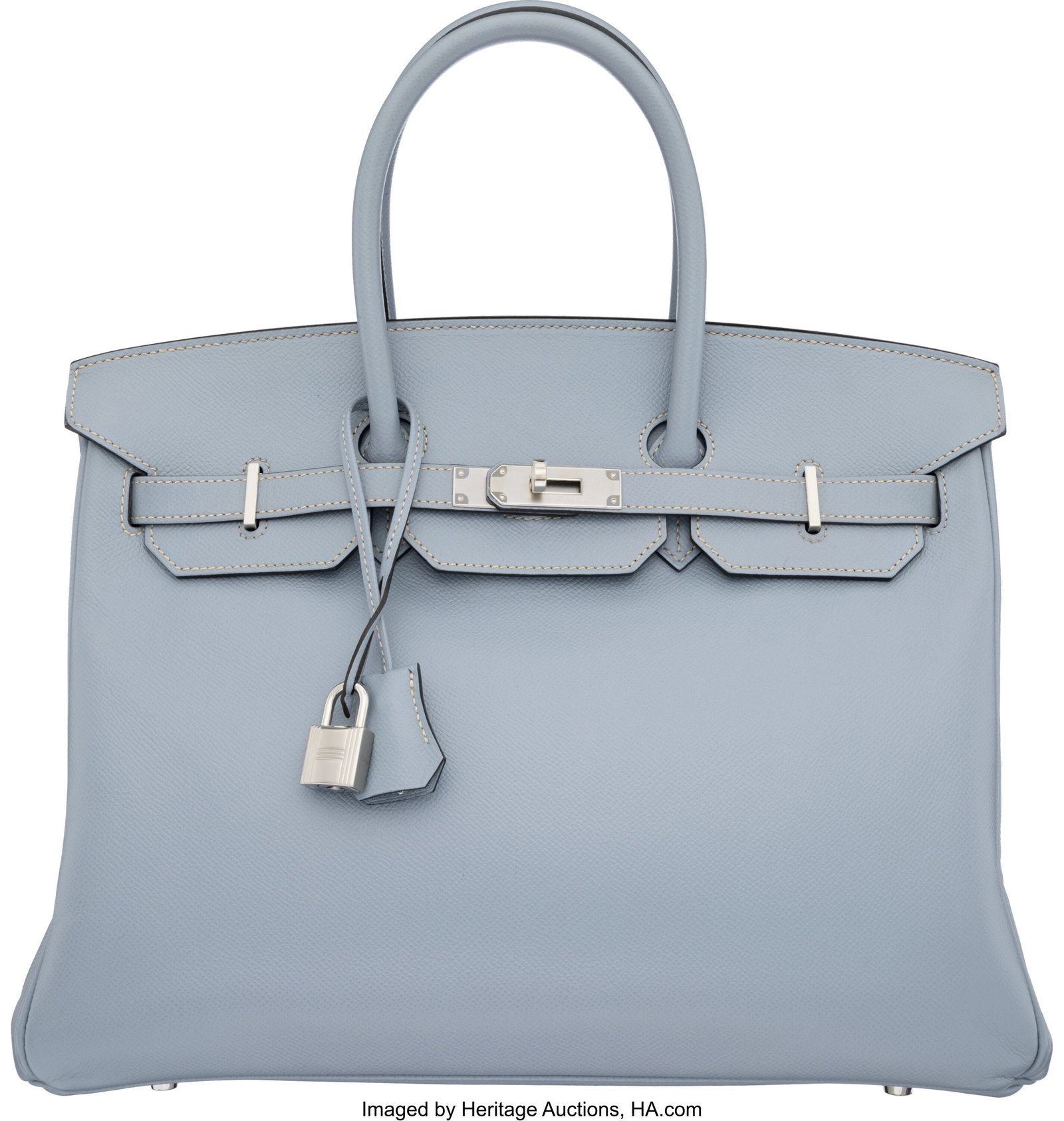 Hermès 35cm Bleu Lin Epsom Leather Birkin Bag w: Hermès 35cm Bleu Lin Epsom Leather Birkin Bag with Palladium Hardware 2012-2013 Condition: 2 14" Width x 10" Height x 7" Depth This bag is done in Bleu Lin Epsom Leather with Palladium Ha