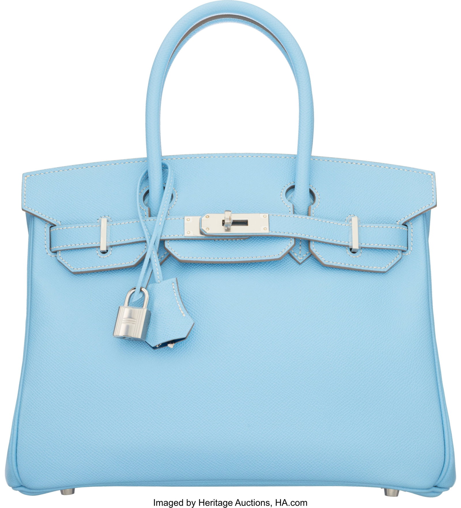 Hermès Candy Collection 30cm Bleu Celeste & Myk: Hermès Candy Collection 30cm Bleu Celeste & Mykonos Epsom Leather Birkin Bag with Palladium Hardware O Square, 2011 Condition: 2 11.5" Width x 9" Height x 6" Depth This b
