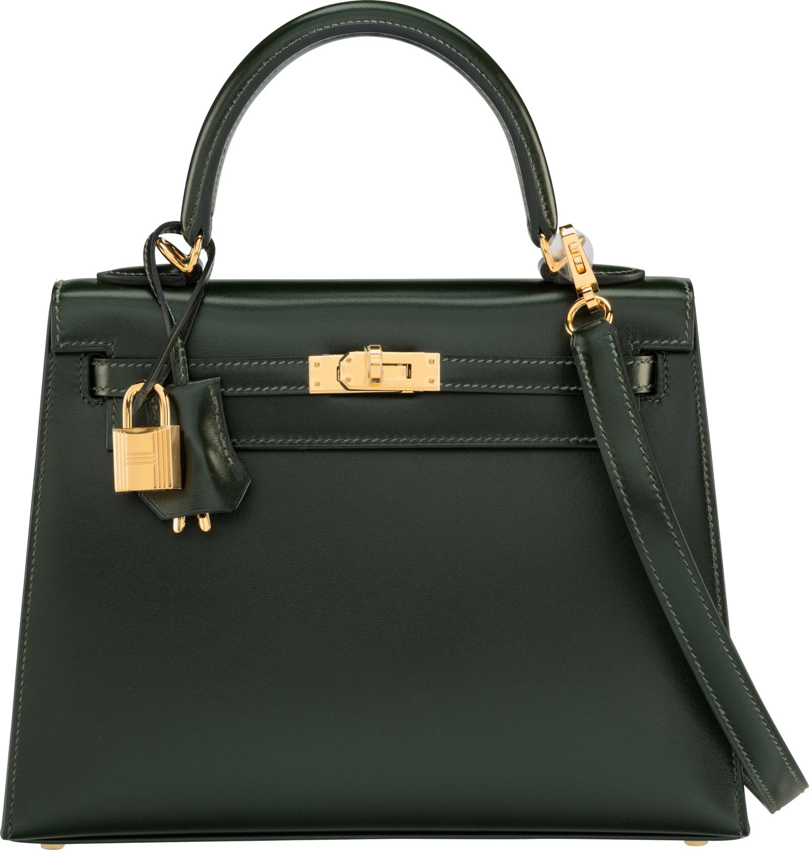 Hermès 25cm Vert Fonce Box Calf Leather Kelly S: Hermès 25cm Vert Fonce Box Calf Leather Kelly Sellier Bag with Gold Hardware K, 2025 Condition: 1 9.5" Width x 7" Height x 3.5" Depth This bag is done in Vert Fonce Bo