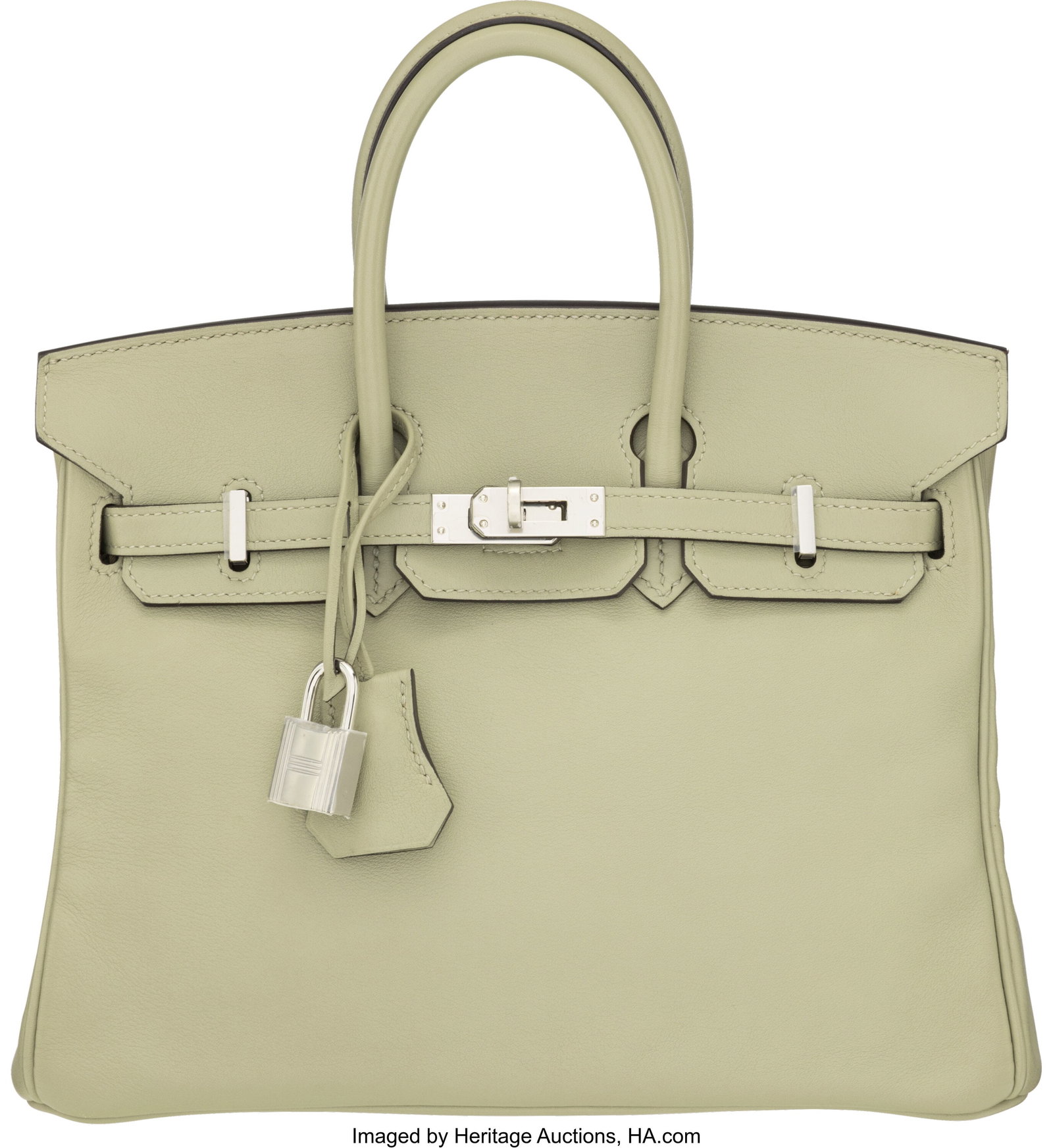 Hermès 25cm Sauge Swift Leather Birkin Bag with: Hermès 25cm Sauge Swift Leather Birkin Bag with Palladium Hardware X, 2016 Condition: 1 10" Width x 8" Height x 5" Depth This bag is done in Sauge Swift Leather with Palladium Hardw