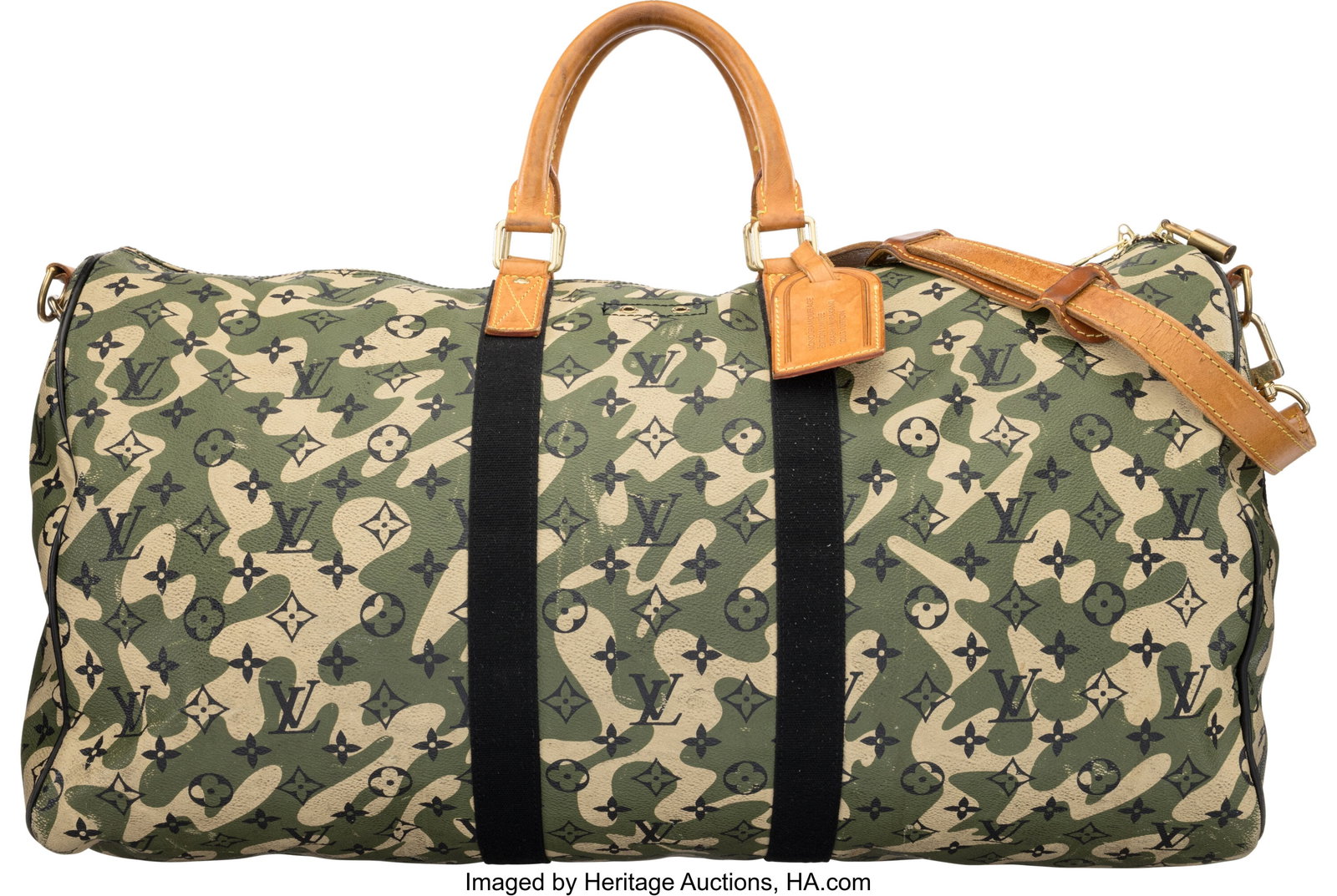 Louis Vuitton x Takashi Murakami Green Monogramo: Louis Vuitton x Takashi Murakami Green Monogramouflage Coated Canvas Keepall Bandoulière 55 2008 Condition: 4 21.75" Width x 12.25" Height x 10.25" Depth This bag is