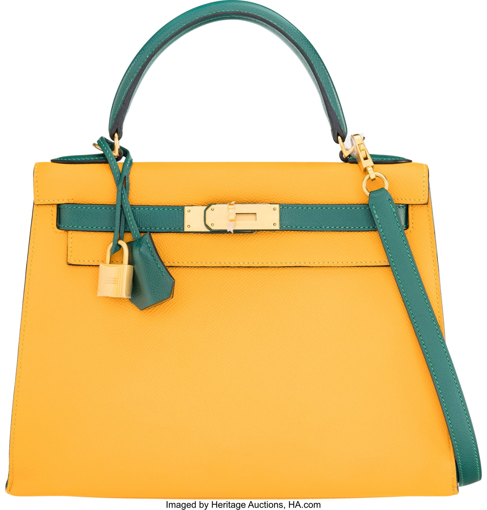 Hermès Special Order Horseshoe 28cm Jaune d'Or: Hermès Special Order Horseshoe 28cm Jaune d'Or & Malachite Epsom Leather Kelly Sellier Bag with Brushed Gold Hardware A, 2017 Condition: 2 11" Width x 8.5" Height x 4&per