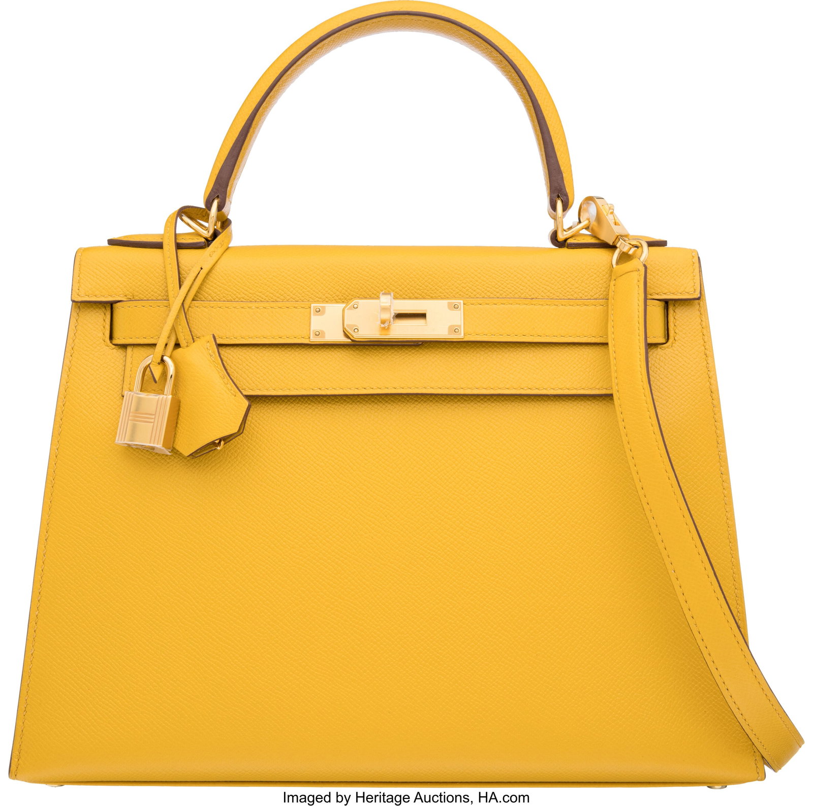 Hermès 28cm Jaune Ambre Epsom Leather Kelly Sel: Hermès 28cm Jaune Ambre Epsom Leather Kelly Sellier Bag with Gold Hardware C, 2018 Condition: 2 11" Width x 8.5" Height x 4.5" Depth This bag is done in Jaune Ambre Ep