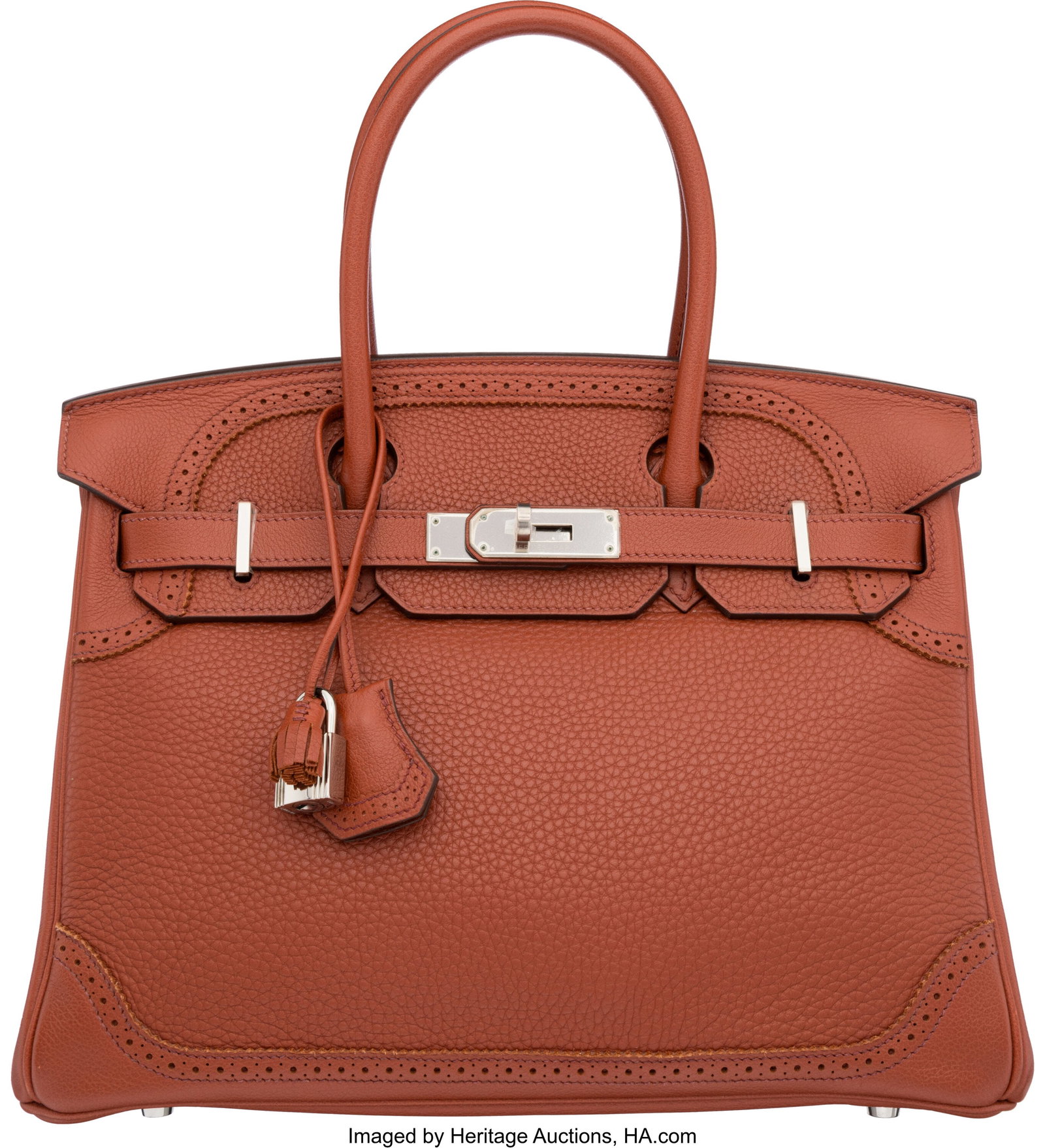 Hermès 30cm Brique Clemence & Evercolor Leather: Hermès 30cm Brique Clemence & Evercolor Leather Ghillies Birkin Bag with Palladium Hardware T, 2015 Condition: 2 11.5" Width x 8.5" Height x 6" Depth This bag is d