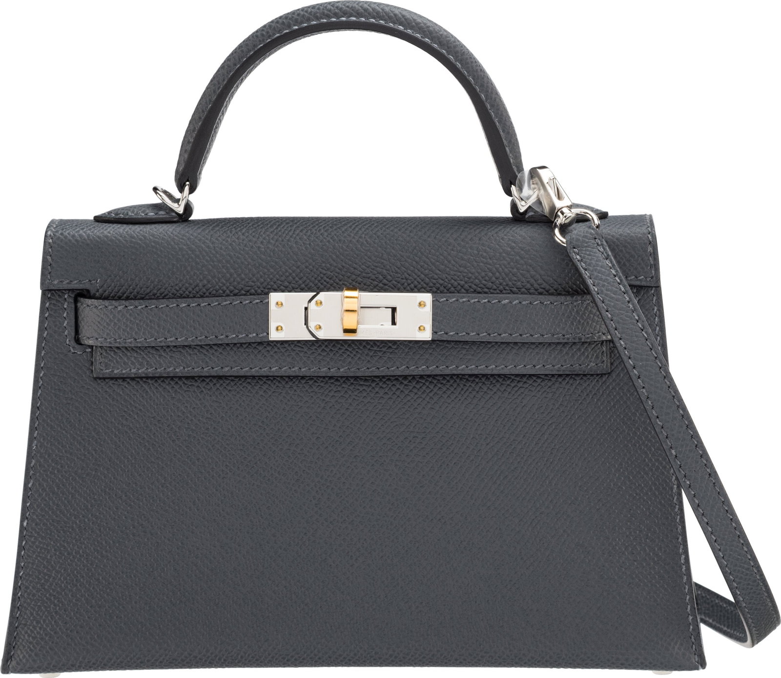 Hermès 20cm Gris Misty Epsom Leather Mini Kelly: Hermès 20cm Gris Misty Epsom Leather Mini Kelly with Electrum Hardware W, 2024 Condition: 1 7.5" Width x 5" Height x 2" Depth This bag is done in Gris Misty Epsom Leather wit
