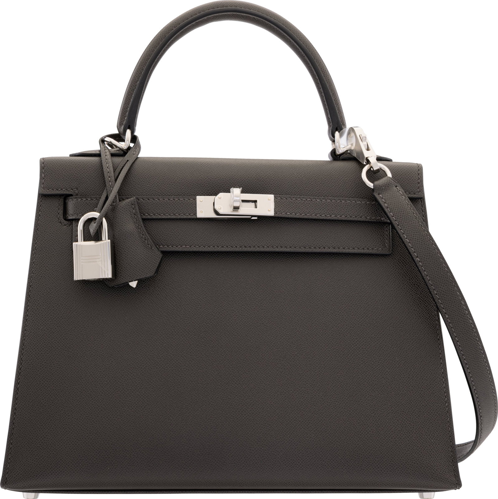 Hermès 25cm Graphite Madame Leather Kelly Selli: Hermès 25cm Graphite Madame Leather Kelly Sellier Bag with Palladium Hardware W, 2024 Condition: 1 9.5" Width x 7" Height x 3.5" Depth This bag is done in Graphite Mad