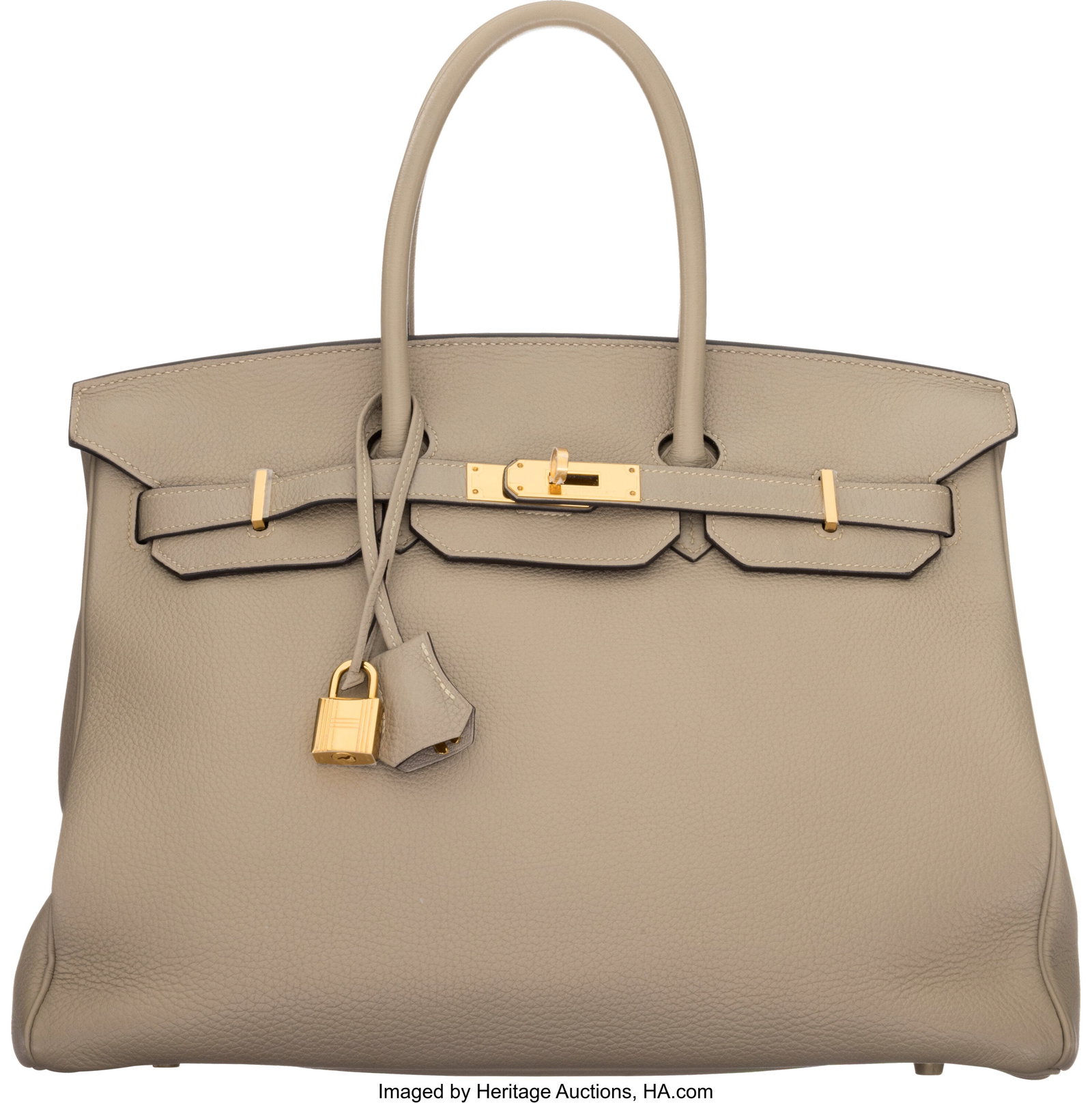 Hermès 35cm Gris Tourterelle Togo Leather Birki: Hermès 35cm Gris Tourterelle Togo Leather Birkin Bag with Gold Hardware T, 2015 Condition: 2 14" Width x 10" Height x 7" Depth This bag is done in Gris Tourterelle Togo Leather with