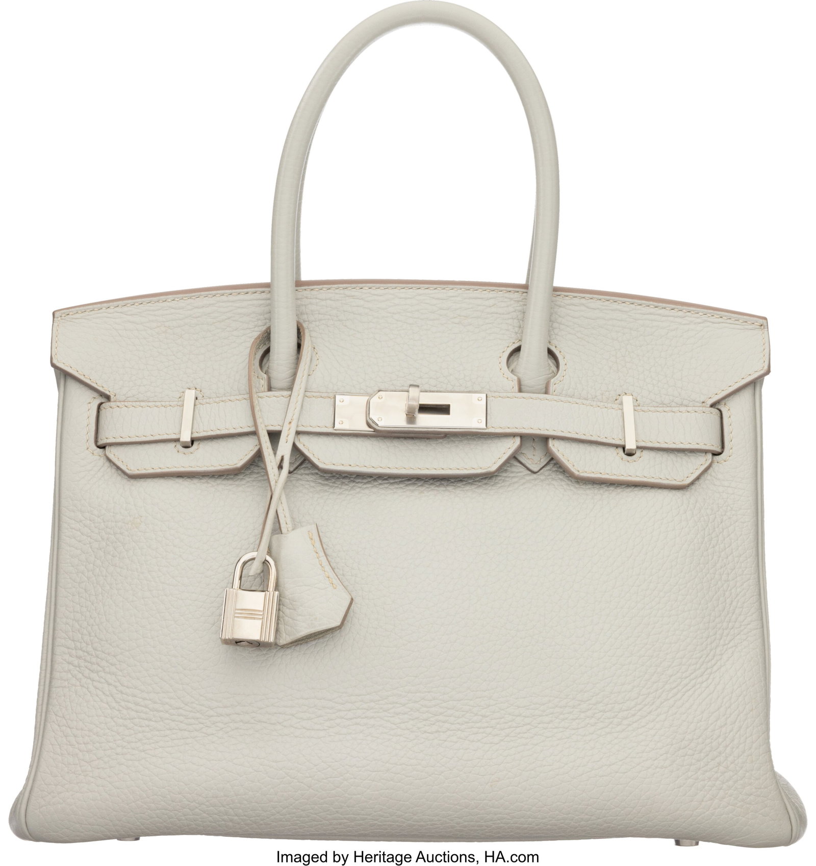 Hermès 30cm Gris Perle Clemence Leather Birkin: Hermès 30cm Gris Perle Clemence Leather Birkin Bag with Palladium Hardware Q Square, 2013 Condition: 2 12" Width x 8.5" Height x 6" Depth This bag is done in Gris Perle Cleme