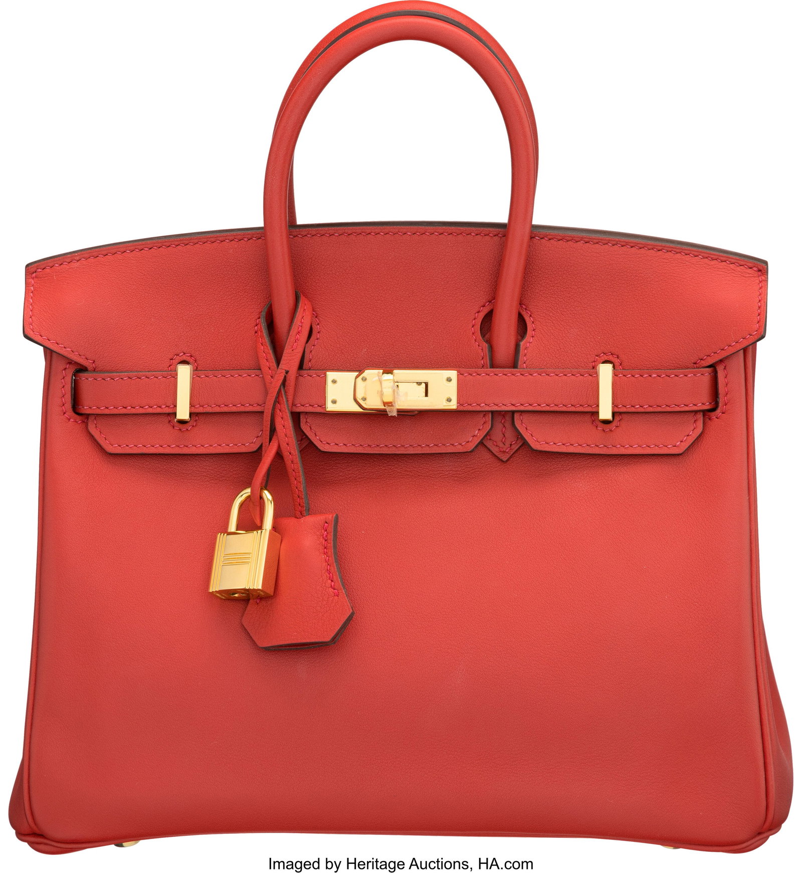Hermès 25cm Rouge Vif Swift Leather Birkin Bag: Hermès 25cm Rouge Vif Swift Leather Birkin Bag with Gold Hardware C, 2018 Condition: 1 10" Width x 8" Height x 5" Depth This bag is done in Rouge Vif Swift Leather with Gold Hardwar