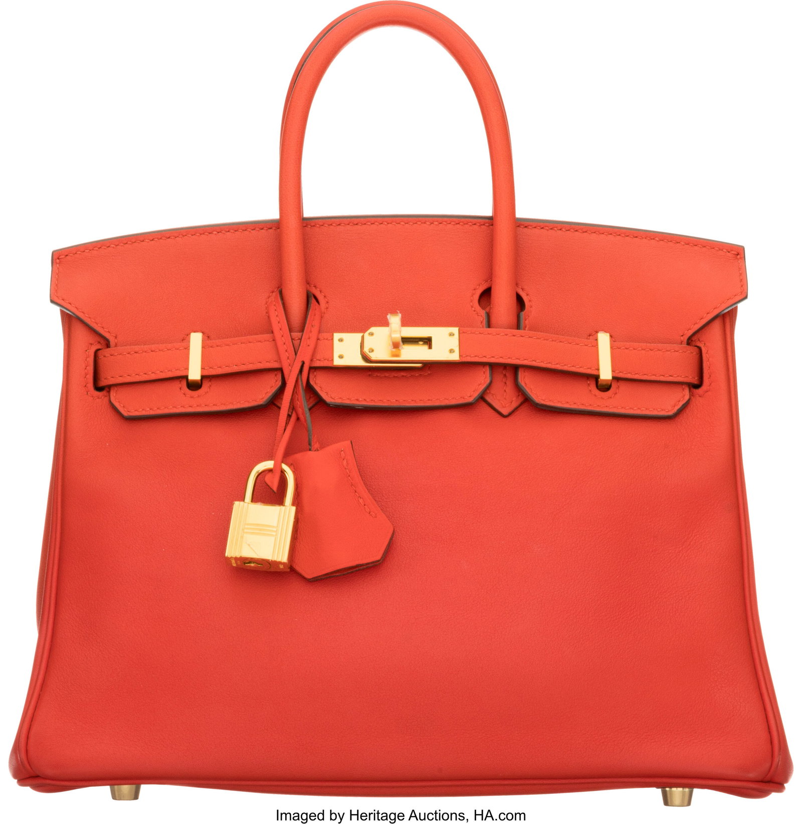 Hermès 25cm Rouge Tomate Swift Leather Birkin B: Hermès 25cm Rouge Tomate Swift Leather Birkin Bag with Gold Hardware A, 2017 Condition: 2 10" Width x 8" Height x 5" Depth This bag is done in Rouge Tomate Swift Leather with Gold H
