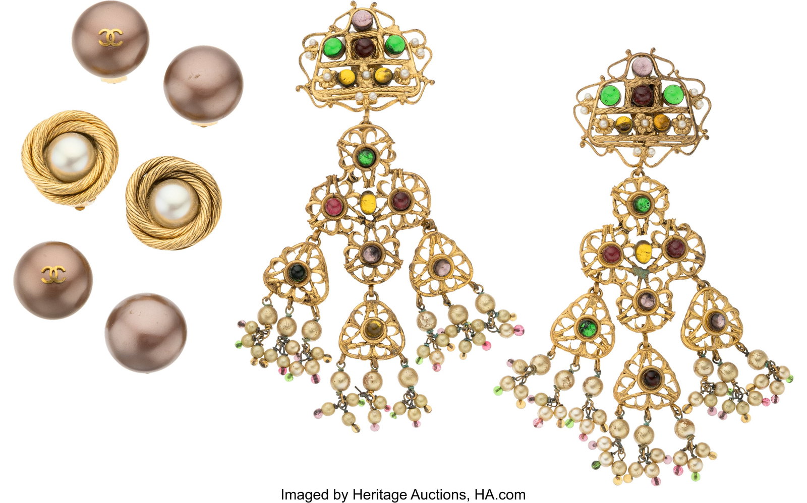 Chanel Set of Four: Vintage Earrings See Extende: Chanel Set of Four: Vintage Earrings See Extended Condition Report for Details. This set includes: Chanel Vintage Gold Plated Gripoix & Faux Pearl Chandelier Earrings (1970