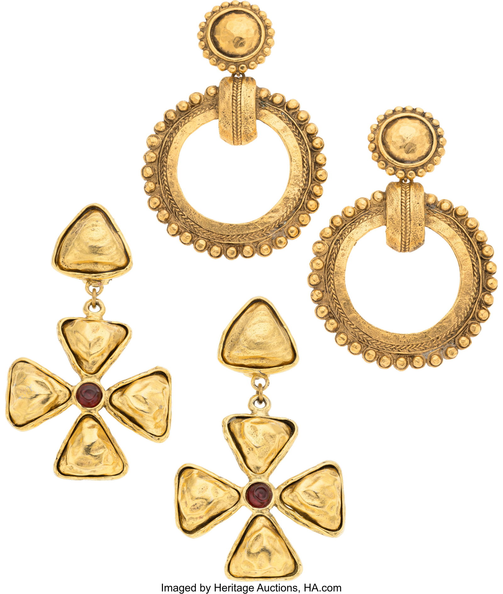 Chanel Set of Two: Vintage Hammered Gold Earring: Chanel Set of Two: Vintage Hammered Gold Earrings See Extended Condition Report for Details. This set includes: Chanel Vintage Hammered Gold & Gripoix Cross Drop Clip On Earring