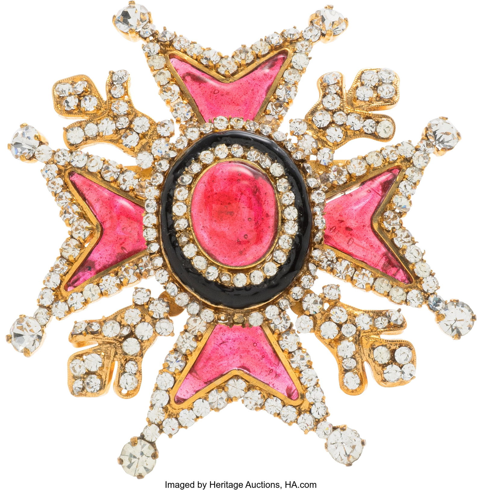Chanel Gold Red Gripoix & Strass Crystal Brooch: Chanel Gold Red Gripoix & Strass Crystal Brooch 1984-1985 Condition: 2 3.25" Width x 3.5" Height This broch is Gold-Plated, featuring Red and Black Gripoix, Strass