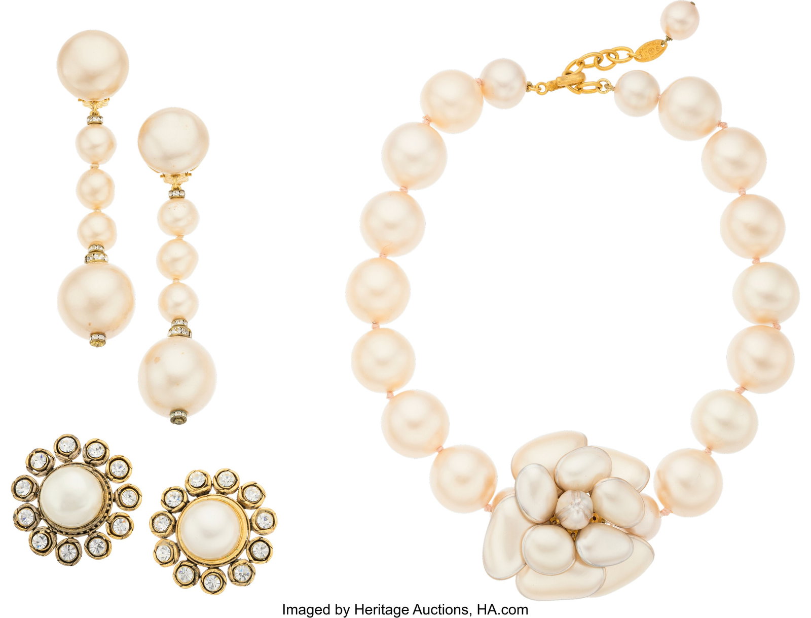 Chanel Set of Three: Vintage Pearl Camellia Neck: Chanel Set of Three: Vintage Pearl Camellia Necklace & Earrings See Extended Condition Report for Details. This set includes: Chanel Vintage Blush Overtone Faux Pearl Camellia N