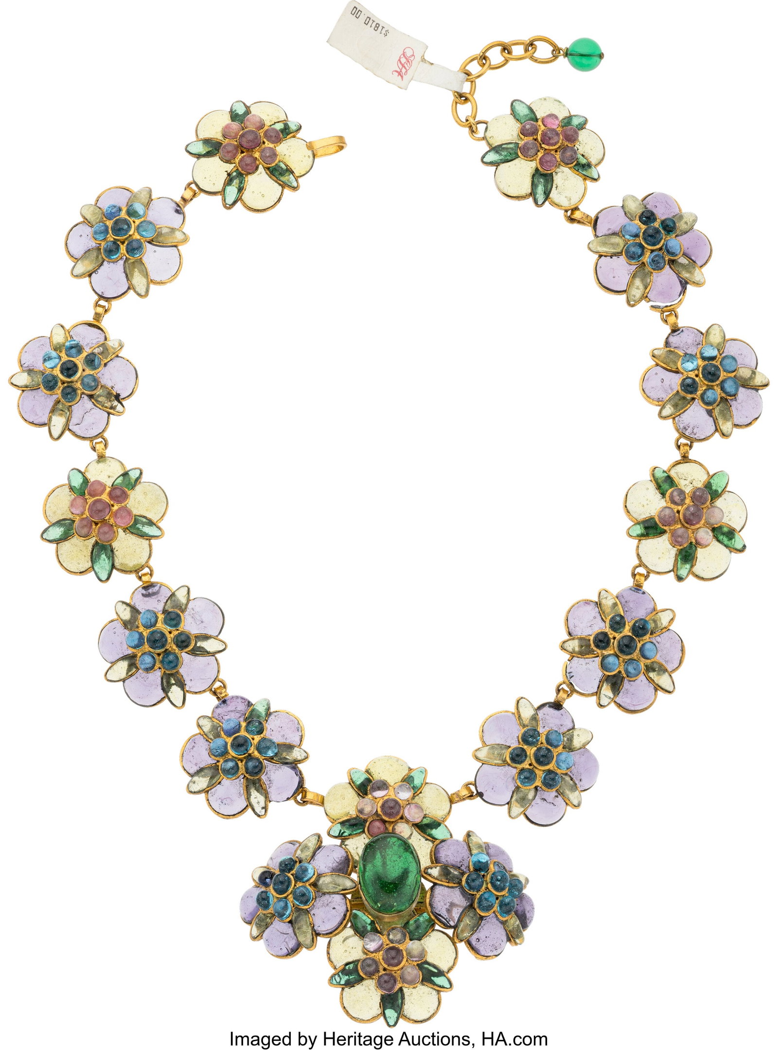 Chanel Vintage Purple and Green Gripoix Floral N: Chanel Vintage Purple and Green Gripoix Floral Necklace 1994-1995 Condition: 2 17.5"-18.5" Length x 1.5" Width This necklace is Gold Plated, featuring Purple, Gr