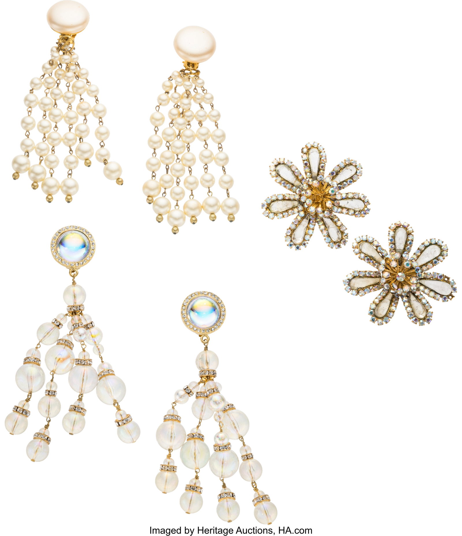 Chanel Set of Three: Vintage Clip On Earrings S: Chanel Set of Three: Vintage Clip On Earrings See Extended Condition Report for Details. This set includes: Chanel Vintage Gold Plated Iridescent Glass Bead & Crystal Ball Drop