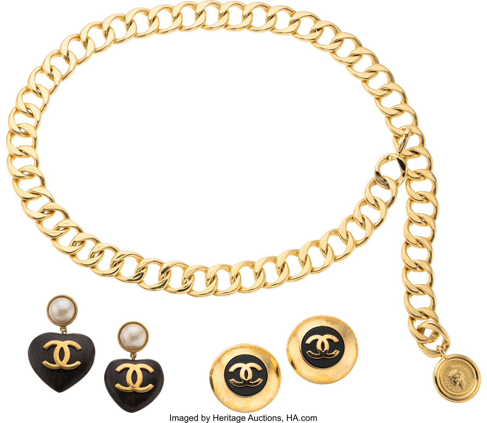 Chanel Set of Three: Vintage Earrings & Chain Be: Chanel Set of Three: Vintage Earrings & Chain Belt See Extended Condition Report for Details. This set includes: Chanel Vintage Gold Plated Wood Heart CC Clip On Earrings (