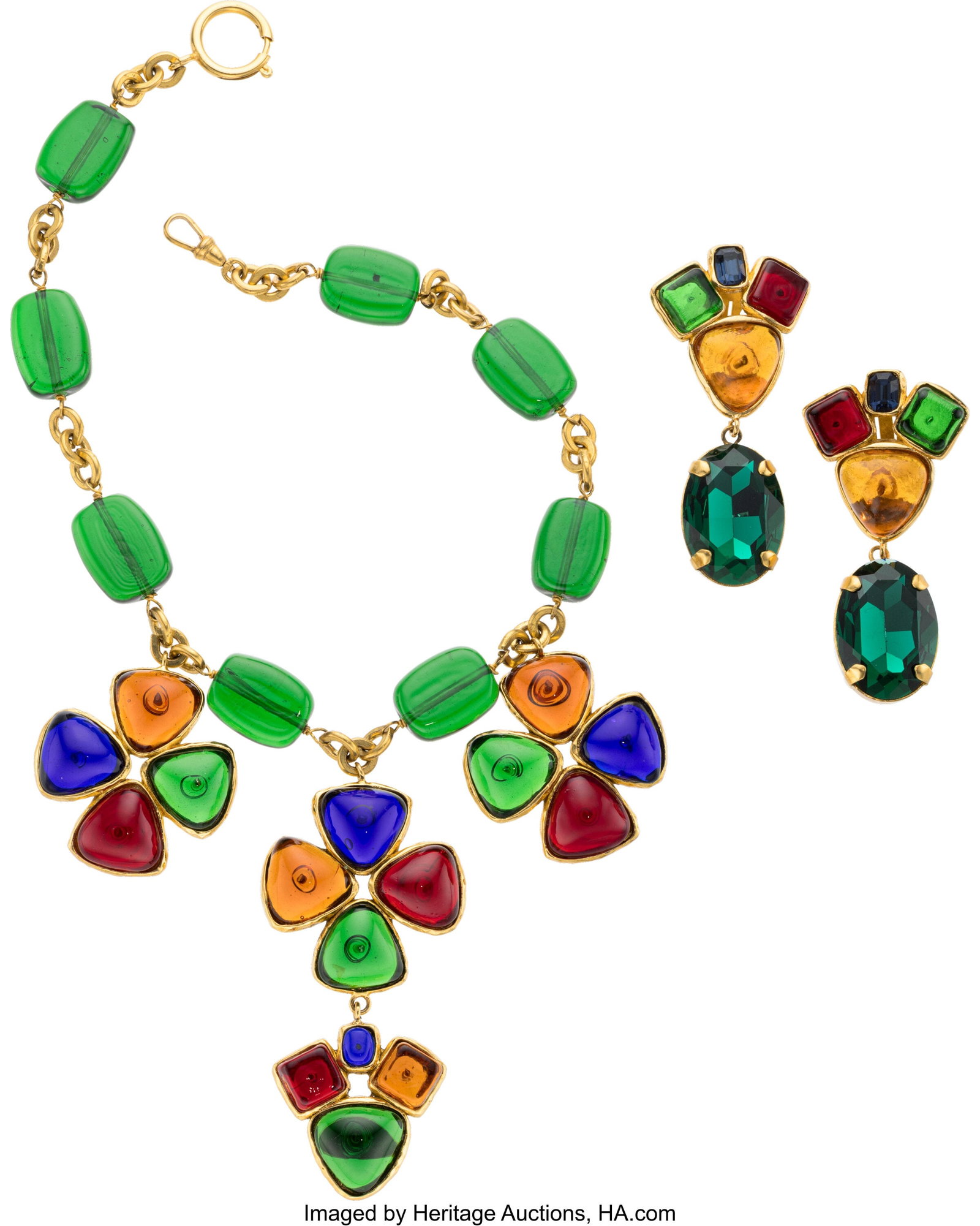 Chanel Set of Two: Vintage Green & Multicolor Gr: Chanel Set of Two: Vintage Green & Multicolor Gripoix Necklace and Earrings See Extended Condition Report for Details. This set includes: Chanel Vintage Gold-Plated Green and Mu