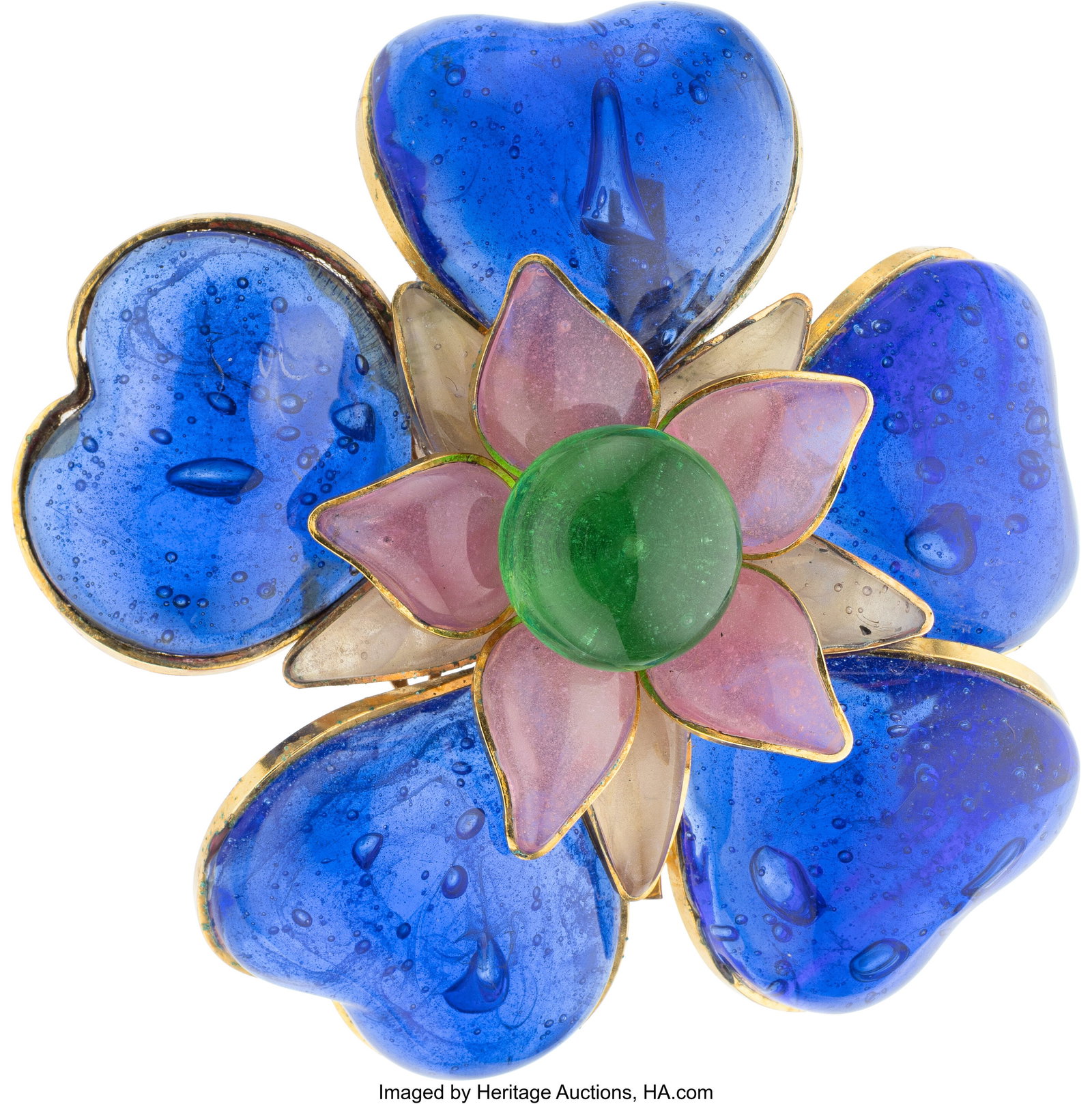 Chanel Vintage Blue, Pink, and Green Gripoix Flo: Chanel Vintage Blue, Pink, and Green Gripoix Flower Brooch 1994-1995 Condition: 2 4" Width x 4" Height This brooch is Gold Plated with Blue, Green, and Pink Gripoix&comma