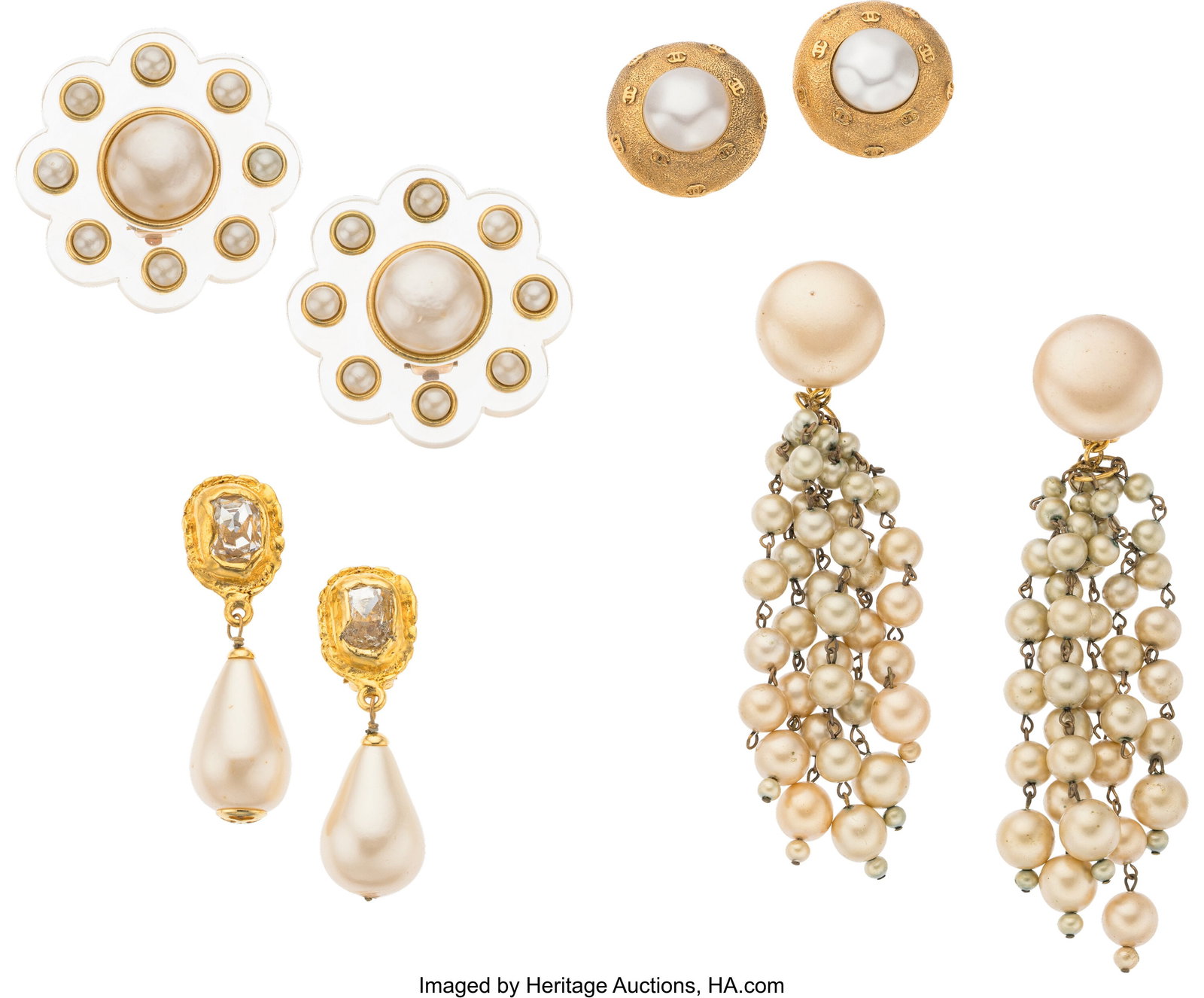 Chanel Set of Four: Vintage Pearl Earrings See E: Chanel Set of Four: Vintage Pearl Earrings See Extended Condition Report for Details. This set includes: Chanel Vintage Faux Pearl & Clear Lucite Clip On Earrings (1994-199