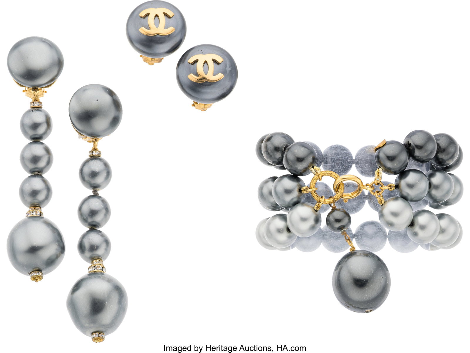 Chanel Set of Three: Vintage Dark Blue Pearl Bra: Chanel Set of Three: Vintage Dark Blue Pearl Bracelet and Earrings See Extended Condition Report for Details. This set includes: Chanel Vintage Dark Blue Triple Strand Faux Pearl Br