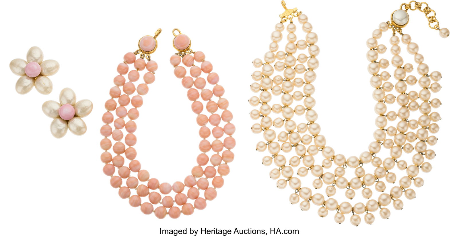 Chanel Set of Three: Vintage Gripoix & Pearl Nec: Chanel Set of Three: Vintage Gripoix & Pearl Necklaces and Flower Earrings See Extended Condition Report for Details. This set includes: Chanel Vintage Pink Gripoix Bead Triple