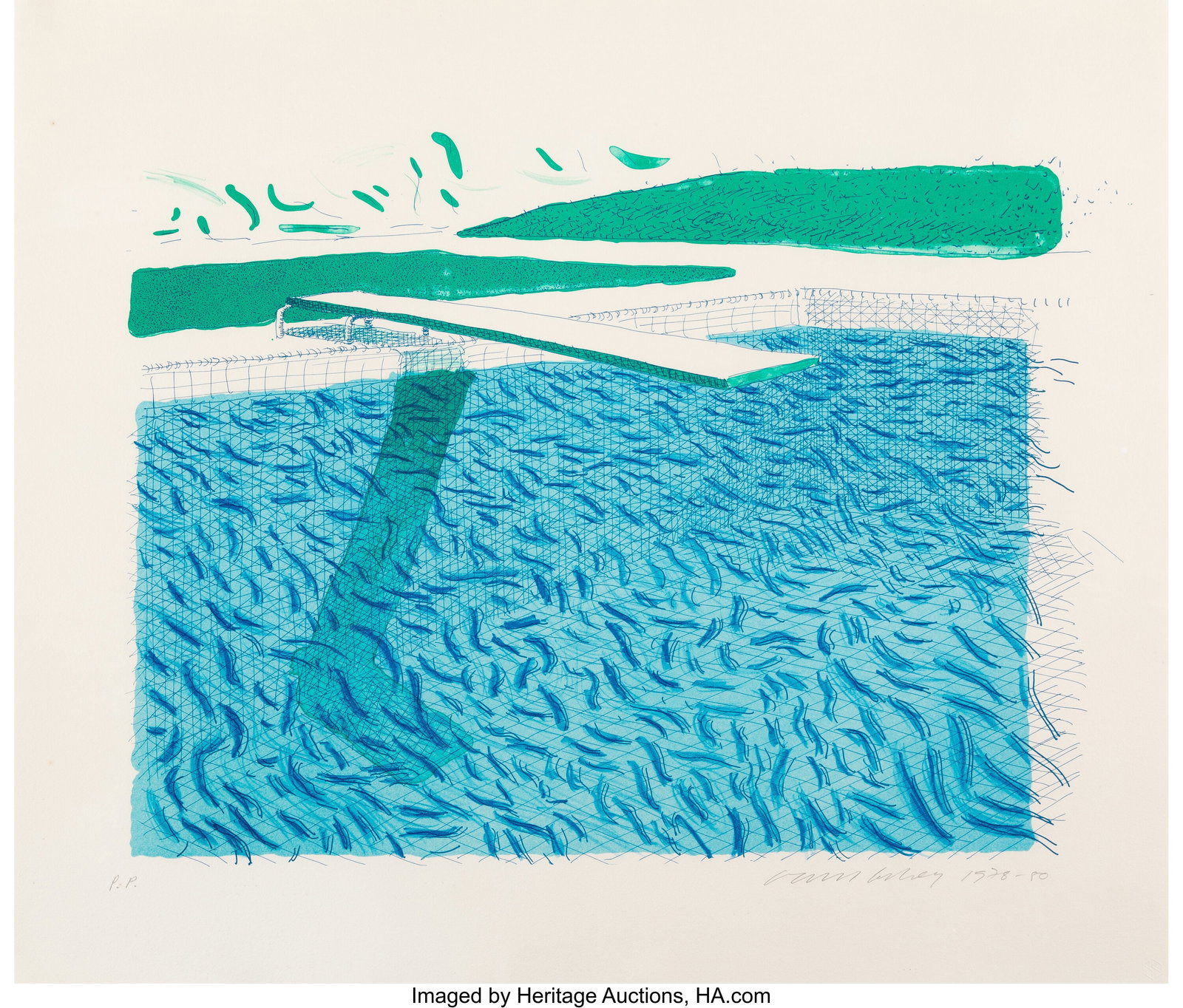 David Hockney (b. 1937) ?Lithographic Water Ma: David Hockney (b. 1937) ?Lithographic Water Made of Lines, Crayon and Two Blue Washes, 1978-1980 Lithograph in colors on TGL handmade paper 29-1/8 x 34-1/8 inches