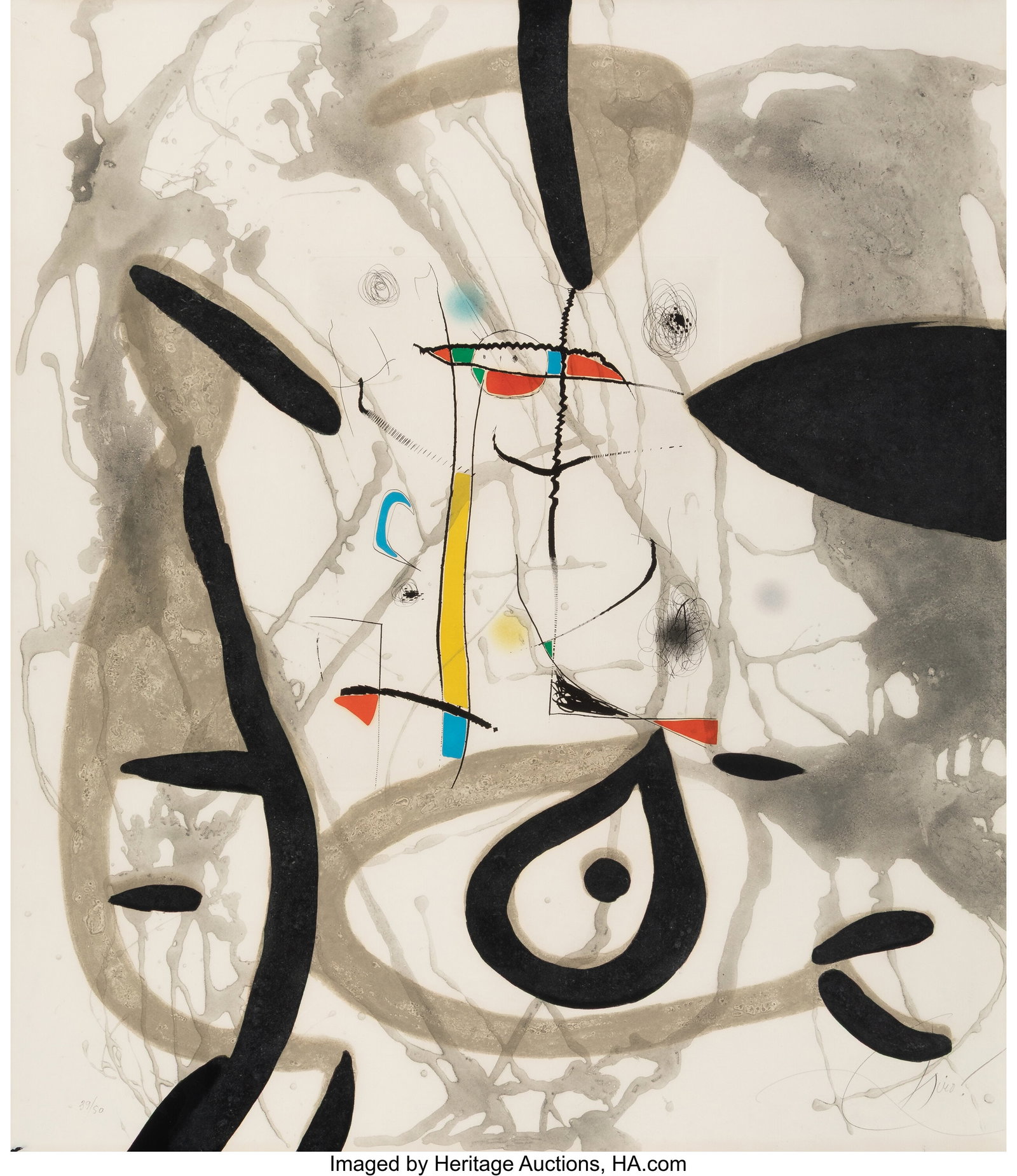 Joan Miró (1893-1983) Plate IV, from El Pi de F: Joan Miró (1893-1983) Plate IV, from El Pi de Formentor, 1976 Etching with aquatint in colors on Guarro paper 41-1/2 x 31-1/2 inches (105.4 x 80&period