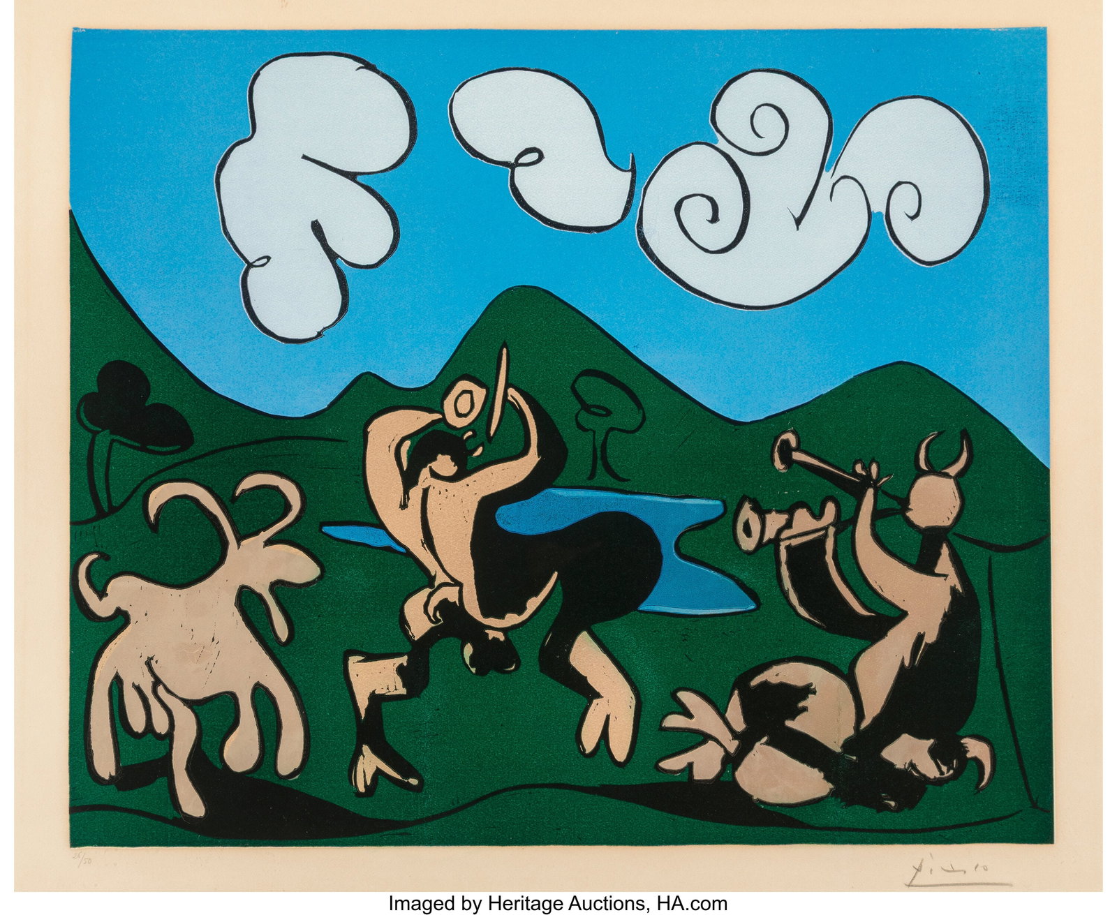 Pablo Picasso (1881-1973) Faunes et chèvre, 195: Pablo Picasso (1881-1973) Faunes et chèvre, 1959 Linocut in colors on Arches paper 20-3/4 x 25 inches (52.7 x 63.5 cm) (image) Ed. 2