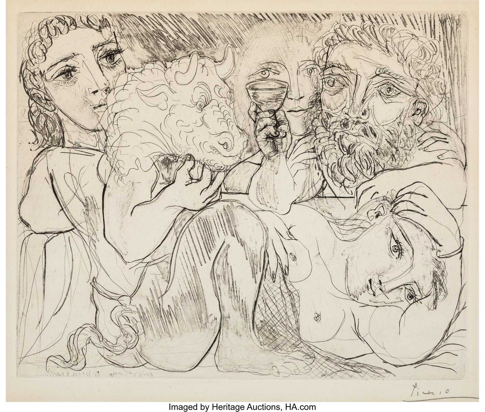 Pablo Picasso (1881-1973) Minotaur, Buveur et Fe: Pablo Picasso (1881-1973) Minotaur, Buveur et Femmes, from La Suite Vollard, 1933, published 1939 Drypoint, etching on Montval laid paper with the Vollard water