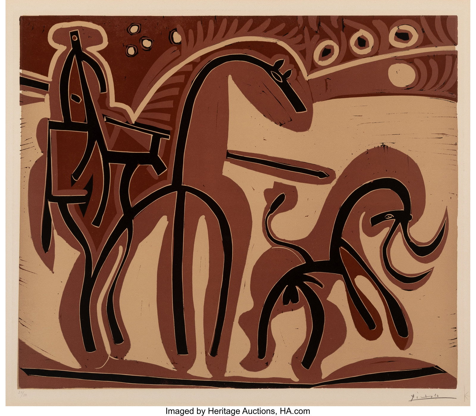 Pablo Picasso (1881-1973) Picador et taureau, 19: Pablo Picasso (1881-1973) Picador et taureau, 1959 Linocut in colors on Arches paper 23 x 27 inches (58.4 x 68.6 cm) (sight) Ed. 22/50 Sign