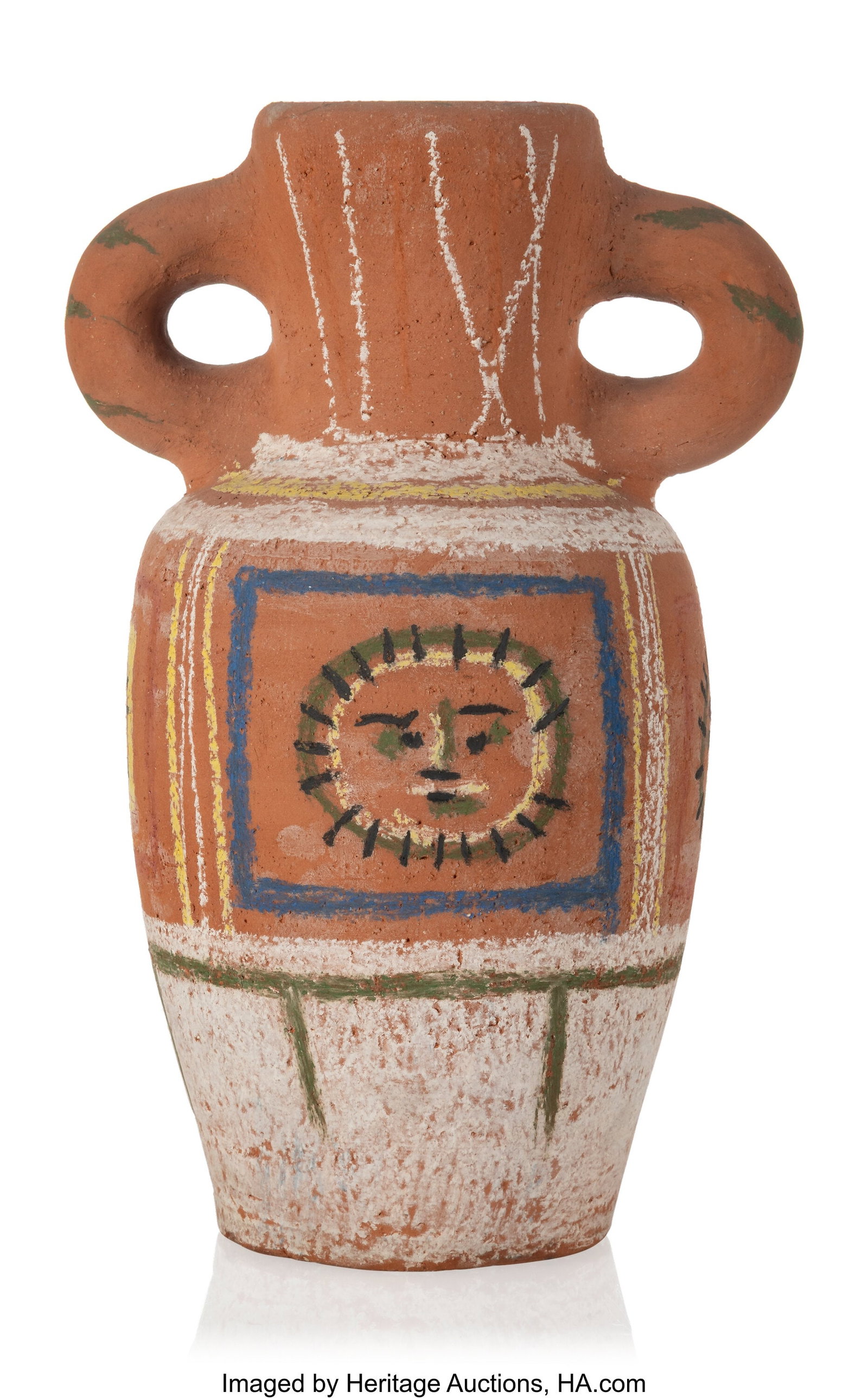 Pablo Picasso (1881-1973) Vase au décor pastel: Pablo Picasso (1881-1973) Vase au décor pastel (A.R. 190), 1953 Chamotted red earthenware clay, decoration in pastels 14 x 9 x 7-1/4 inches &lp