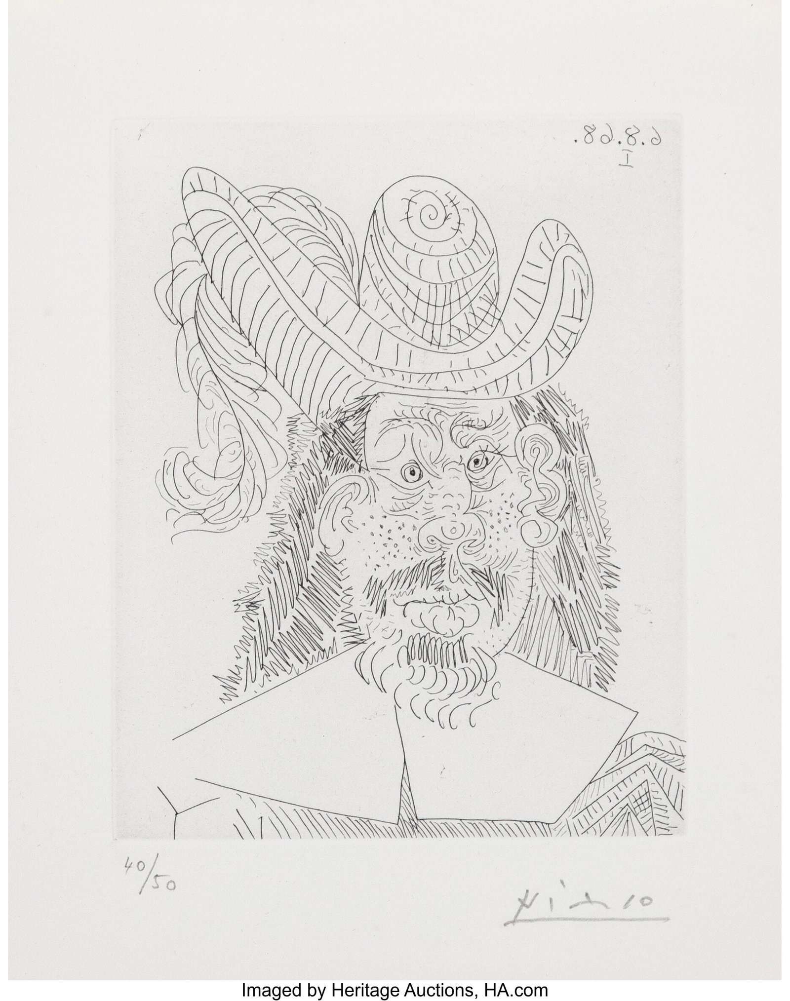 Pablo Picasso (1881-1973) Portrait de 'Mousqueta: Pablo Picasso (1881-1973) Portrait de 'Mousquetaire' vieillissant, au Visage couperosé, from Série 347, 1968, published 1969 Etching on B.F&perio
