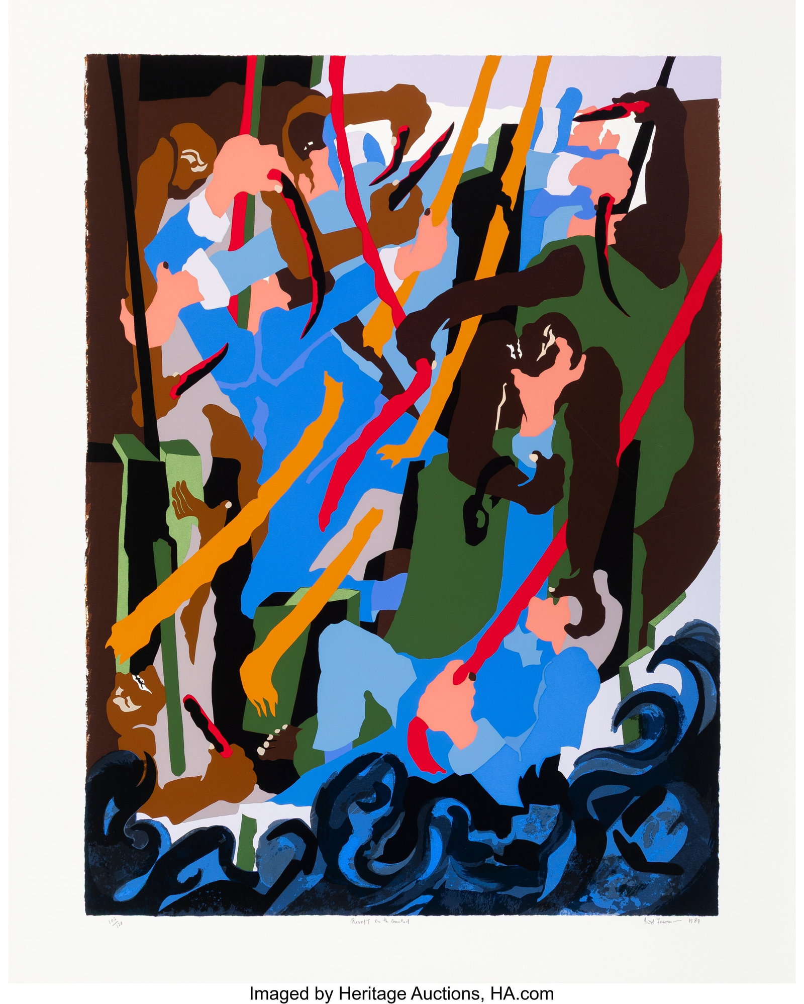 Jacob Lawrence (1917-2000) Revolt on the Amistad: Jacob Lawrence (1917-2000) Revolt on the Amistad, 1989 Screenprint in colors on Bainbridge paper 40-1/8 x 32-1/8 inches (101.9 x 81.6 cm) (sheet&rp