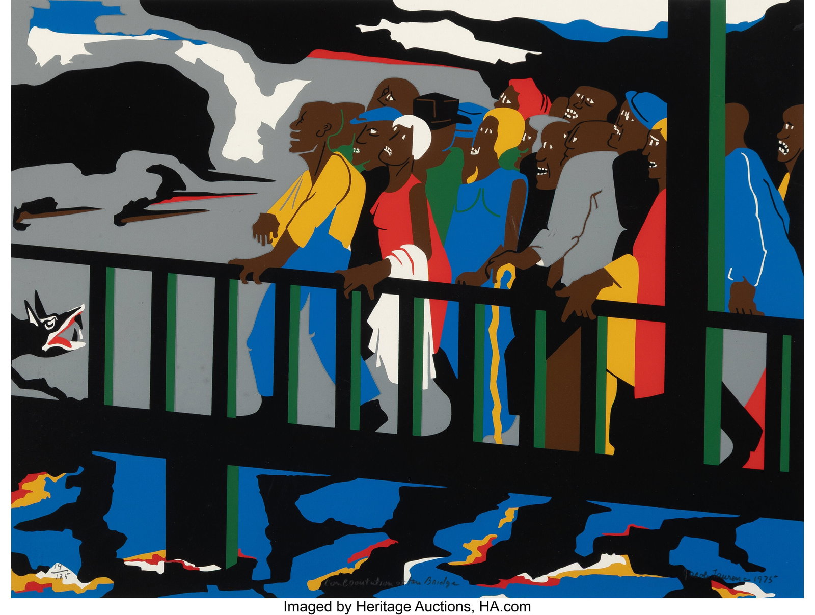 Jacob Lawrence (1917-2000) Confrontation at the: Jacob Lawrence (1917-2000) Confrontation at the Bridge, 1975 Screenprint in colors on Strathmore paper 19-3/8 x 25-3/4 inches (49.2 x 65.4 cm) (she
