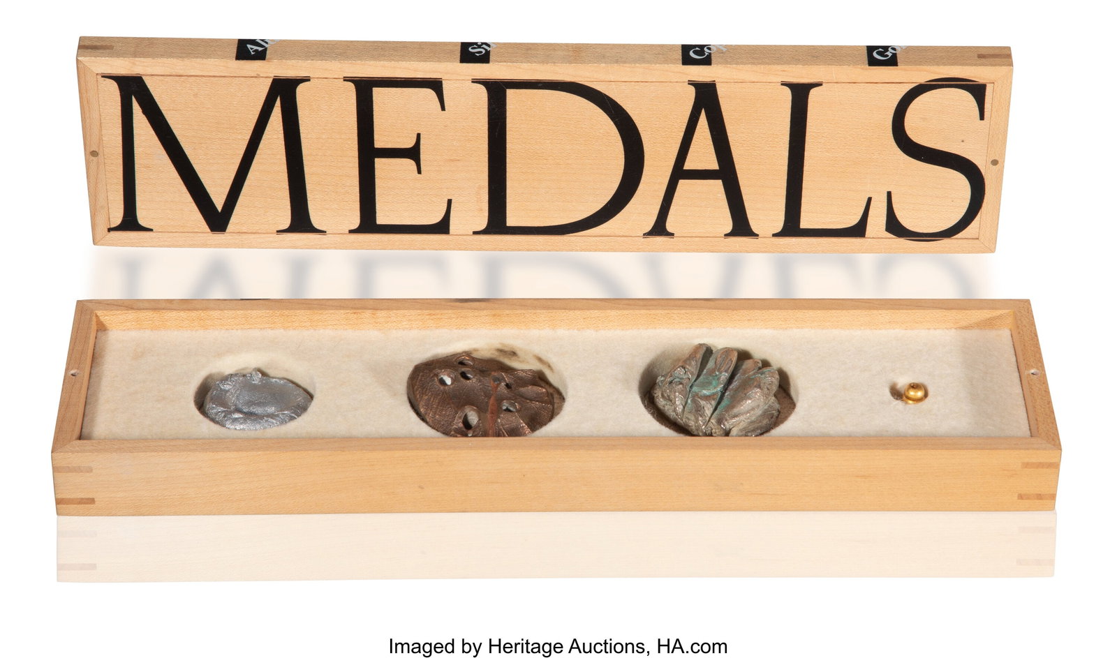 Richard Tuttle (b. 1941) Coins/Medals (4 Element: Richard Tuttle (b. 1941) Coins/Medals (4 Elements), 1996 Aluminum, silver, copper, gold, wood, and felt 1-1/2 x 12 x 3 inches &lp