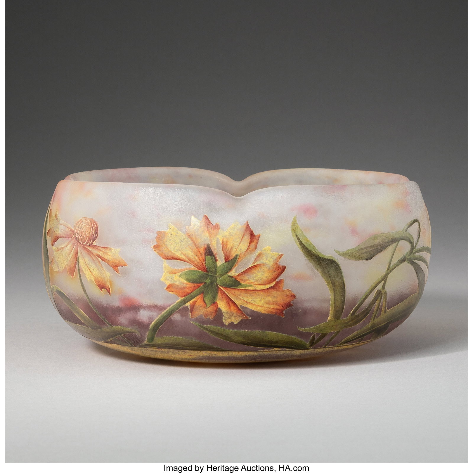 Daum Frères Floral Pinched Bowl, circa 1900 Aci: Daum Frères Floral Pinched Bowl, circa 1900 Acid-etched and enameled glass 2-1/2 x 5-3/4 inches (6.3 x 14.6 cm) Marks: Daum Nancy (Cross of Lorr
