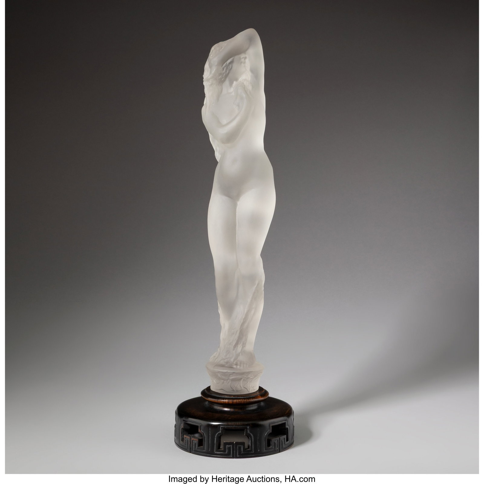 René Lalique Grande Nue Socle Lierre Statuette,: René Lalique Grande Nue Socle Lierre Statuette, circa 1919 Clear and frosted glass, wood 15-3/8 inches (39 cm) (work), M.p. 400, no