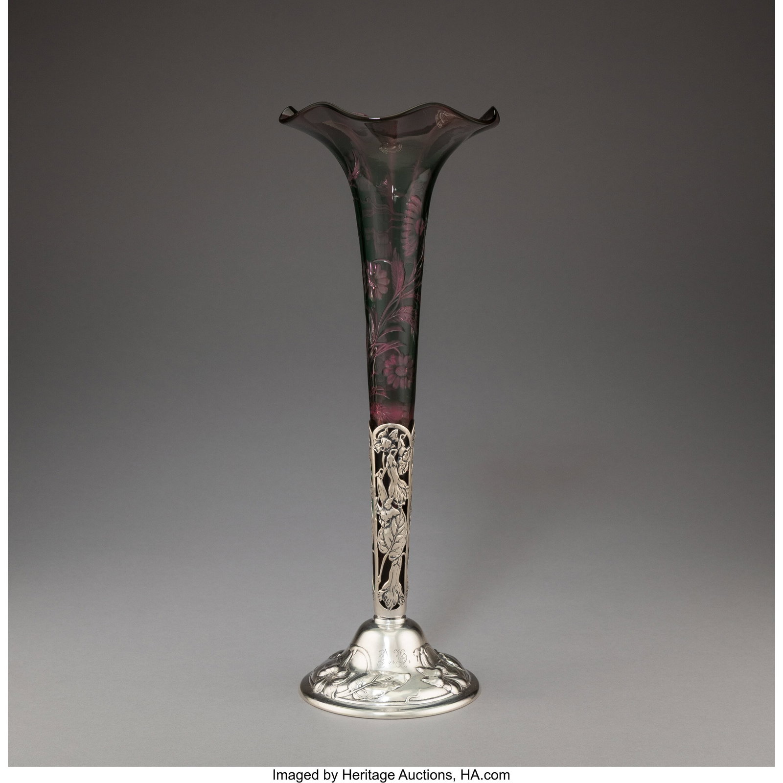 Stevens & Williams Floral Vase with Gorham Mfg.: Stevens & Williams Floral Vase with Gorham Mfg. Co. Base, late 19th century Intaglio glass, silver 12-1/2 inches (31.8 cm) Marks to base: &lpar