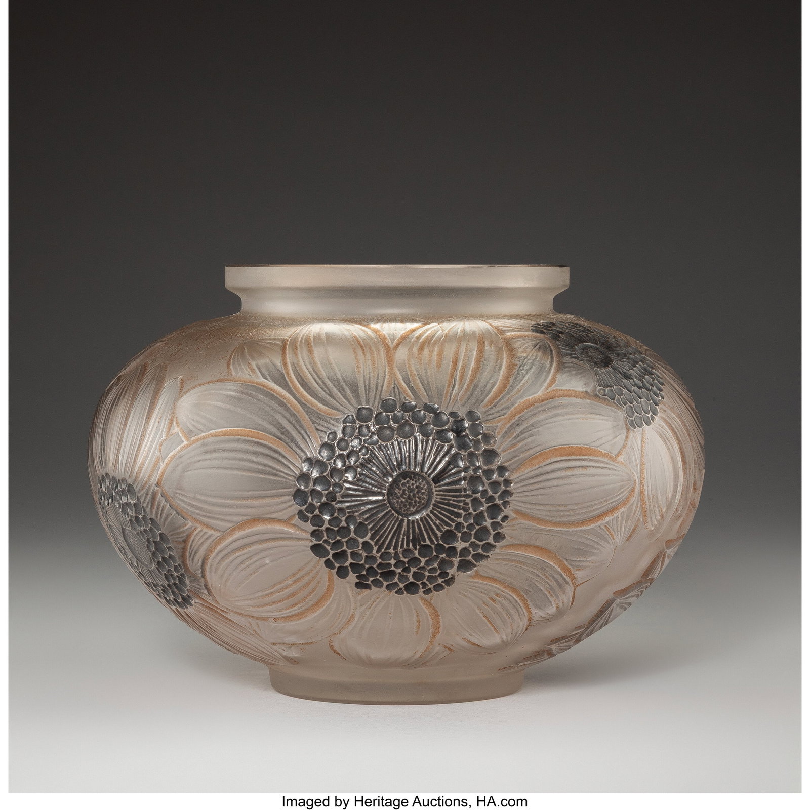 René Lalique Dahlias Vase, circa 1923 Clear and: René Lalique Dahlias Vase, circa 1923 Clear and frosted glass with sepia patina and black enamel 4-7/8 inches (12.5 cm), M.p. 425, no&period
