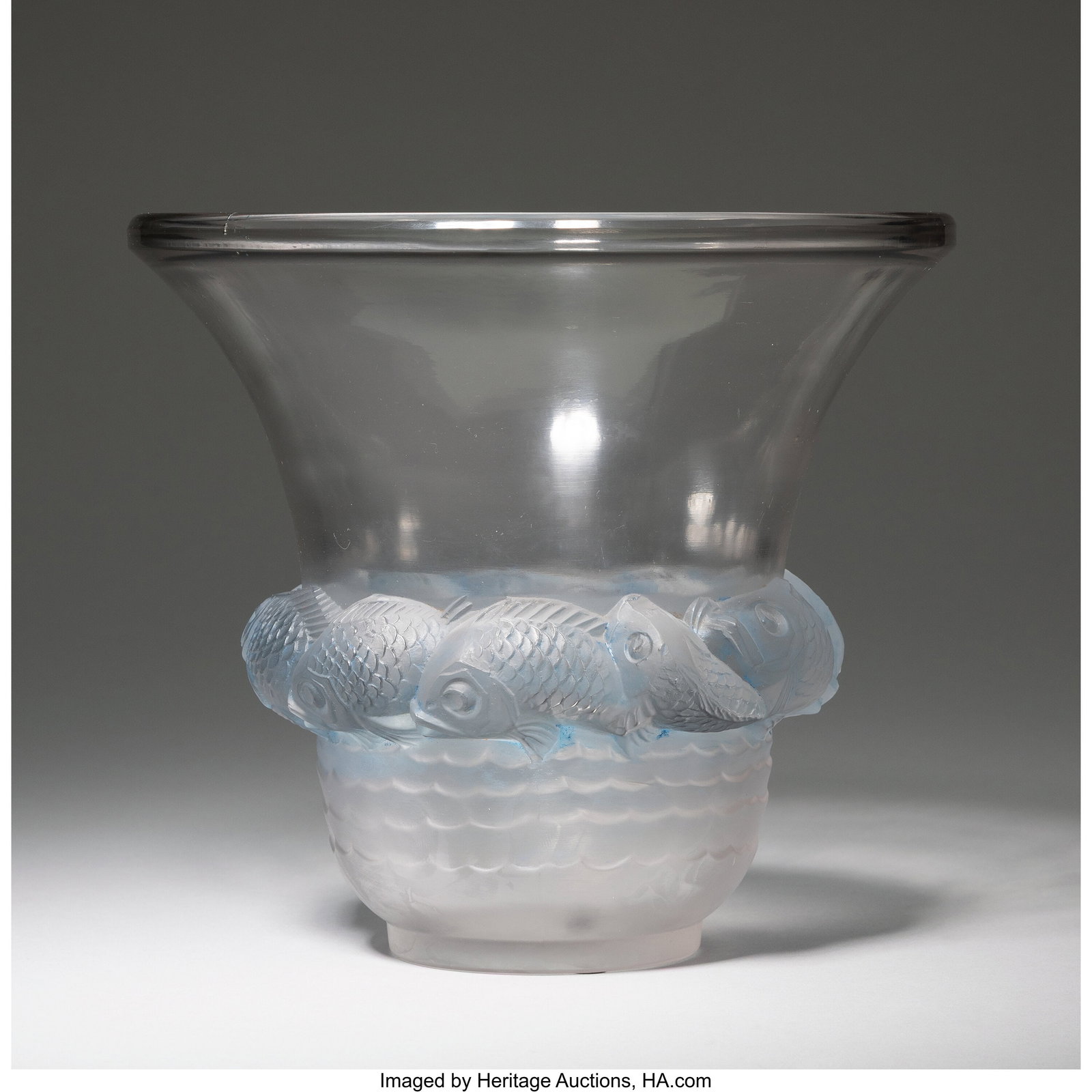 René Lalique Piriac Vase, circa 1930 Clear and: René Lalique Piriac Vase, circa 1930 Clear and frosted glass with blue patina 7-1/4 inches (18.5 cm), M.p. 447, no. 1043. Mark