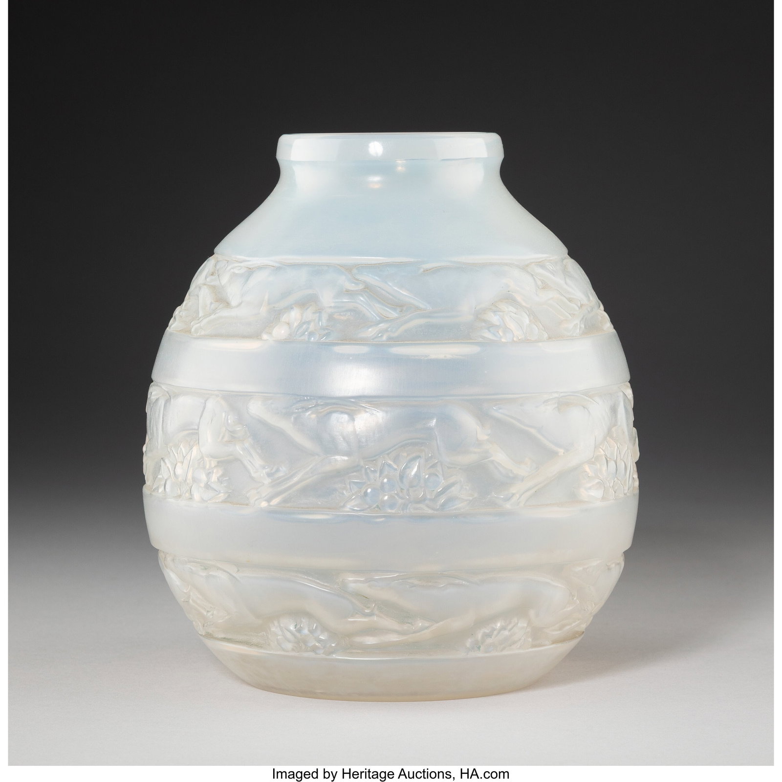 René Lalique Soudan Vase, circa 1928 Cased opa: René Lalique Soudan Vase, circa 1928 Cased opalescent glass with gray patina 7-1/8 inches (18 cm), M.p. 442, no. 1016. Marks: R